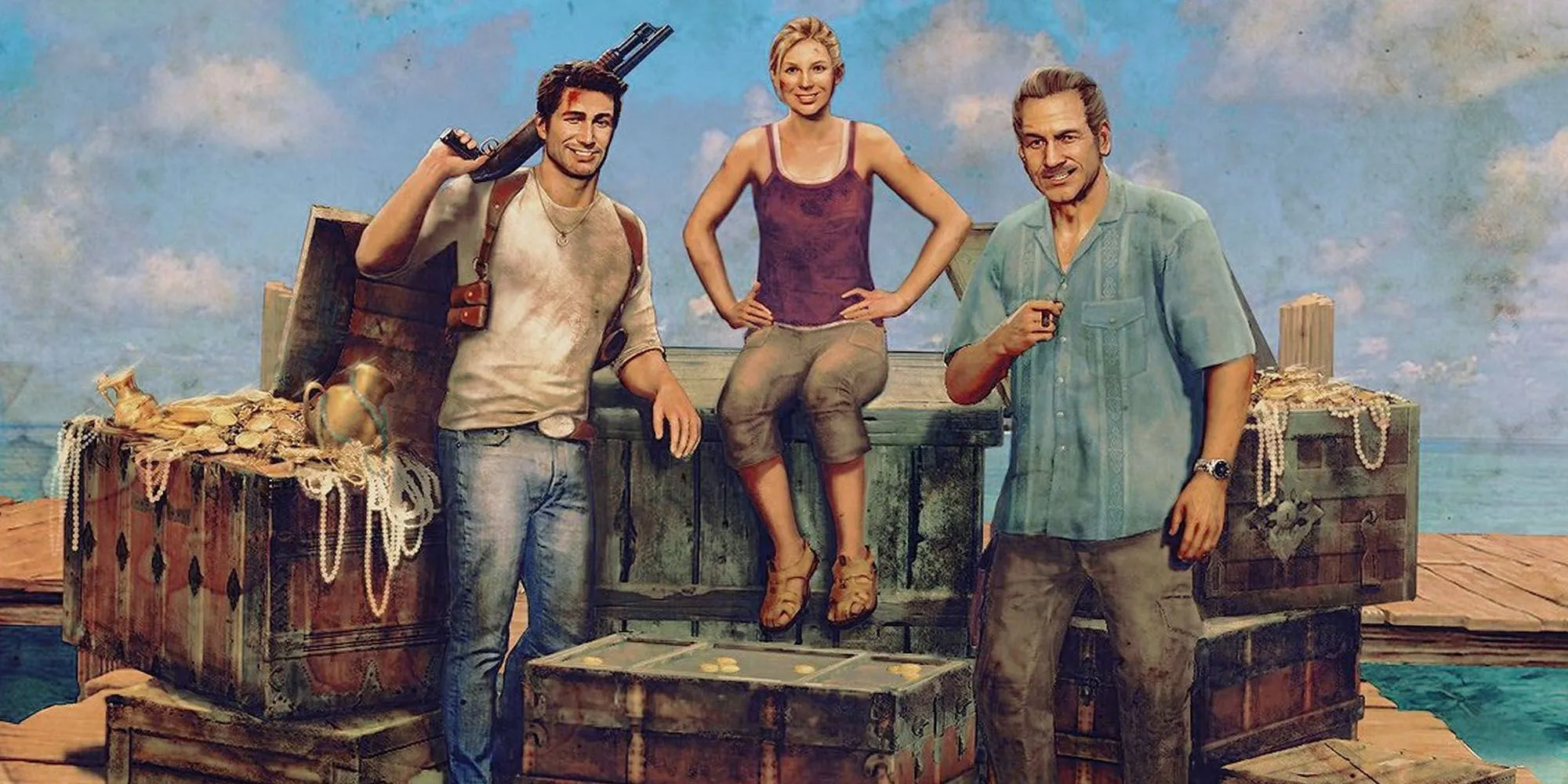 Ba nhân vật chính Nathan Drake, Elena Fisher và Victor Sullivan cùng nhau khám phá trong Uncharted Drake's Fortune