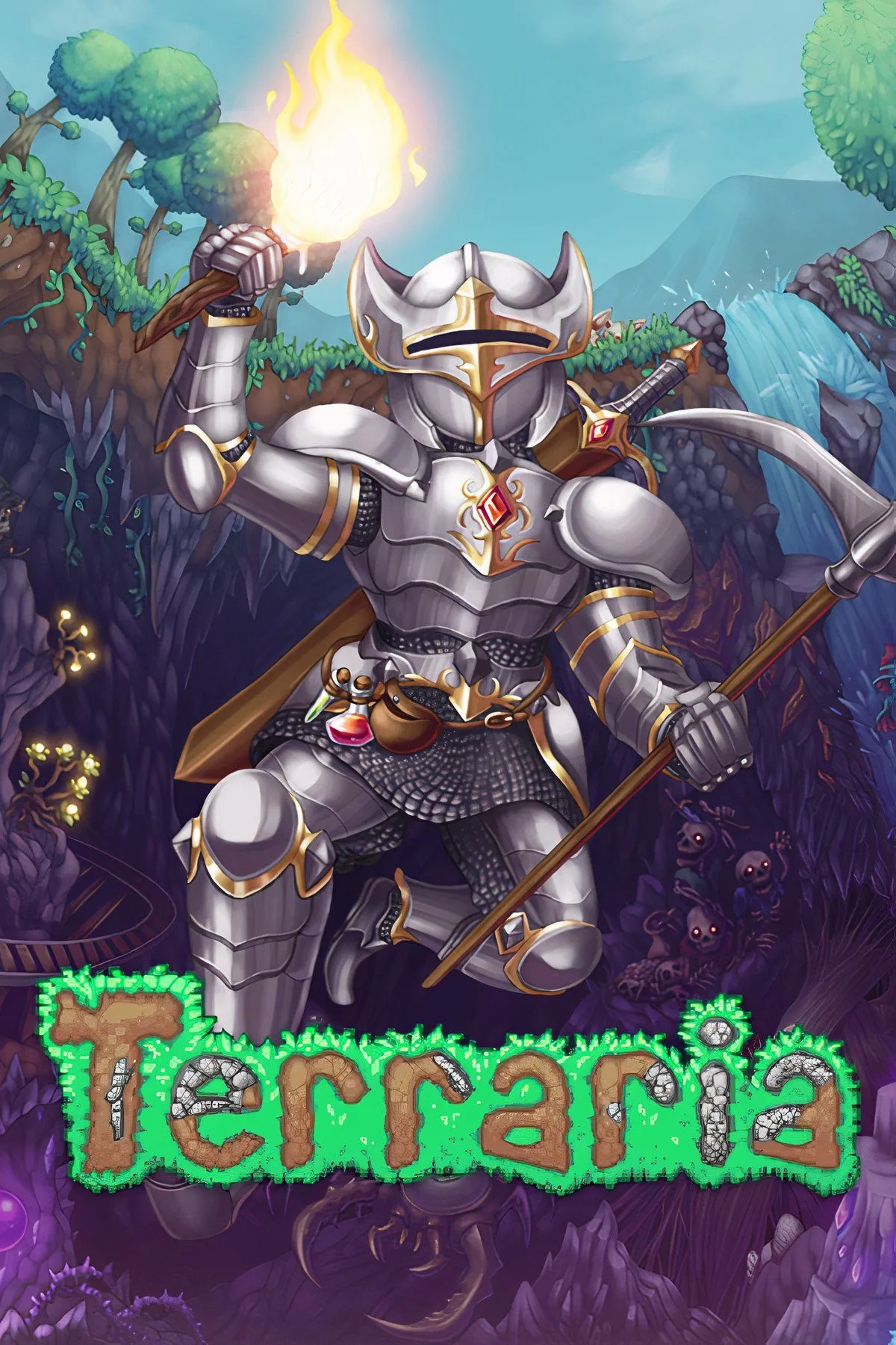 Bản collage ảnh tổng hợp các hành động xây dựng và chiến đấu trong Terraria.