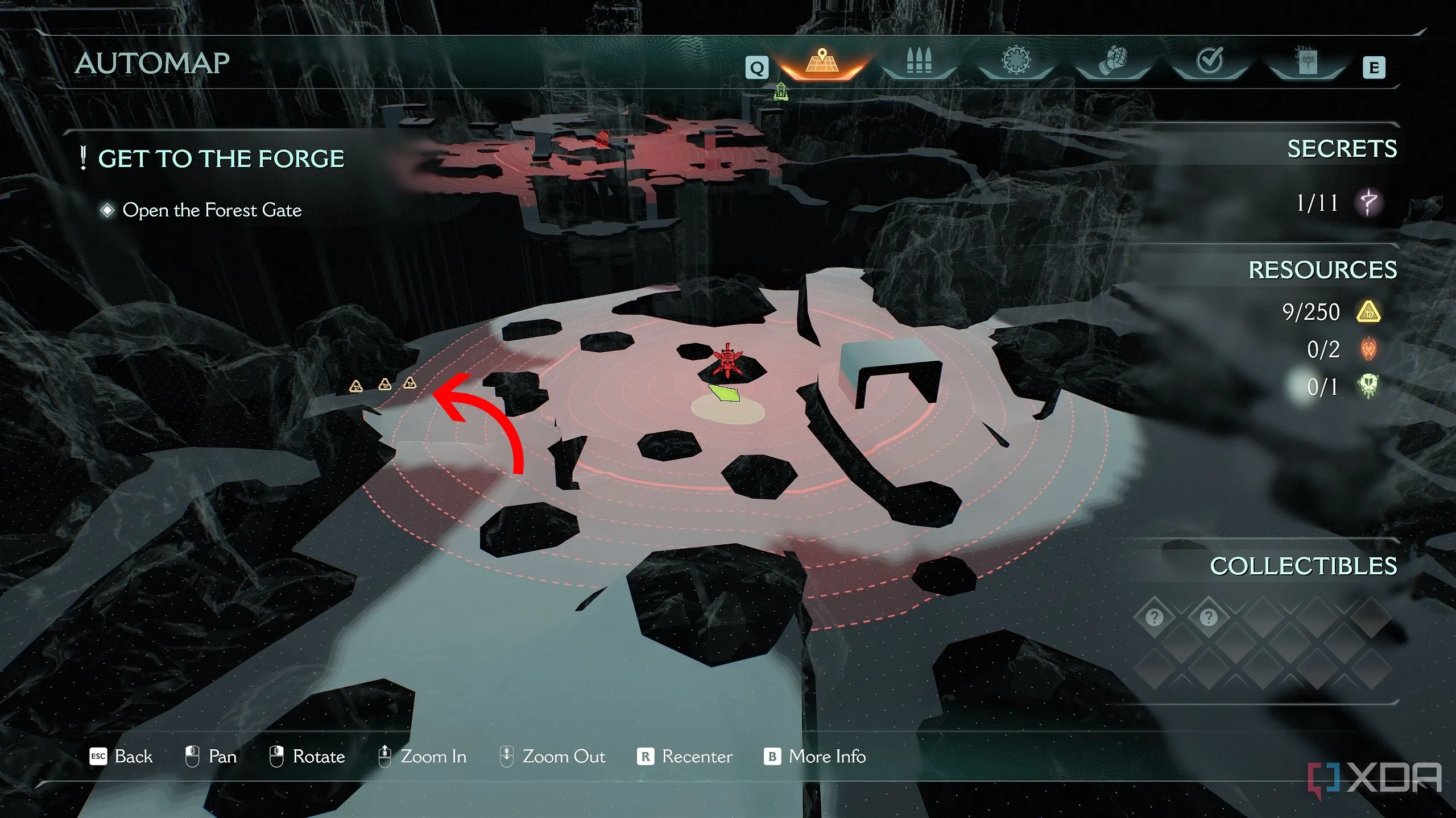Bản đồ 3D hiển thị vị trí khu vực chiến đấu đầu tiên (encounter arena 1) trong Doom The Dark Ages