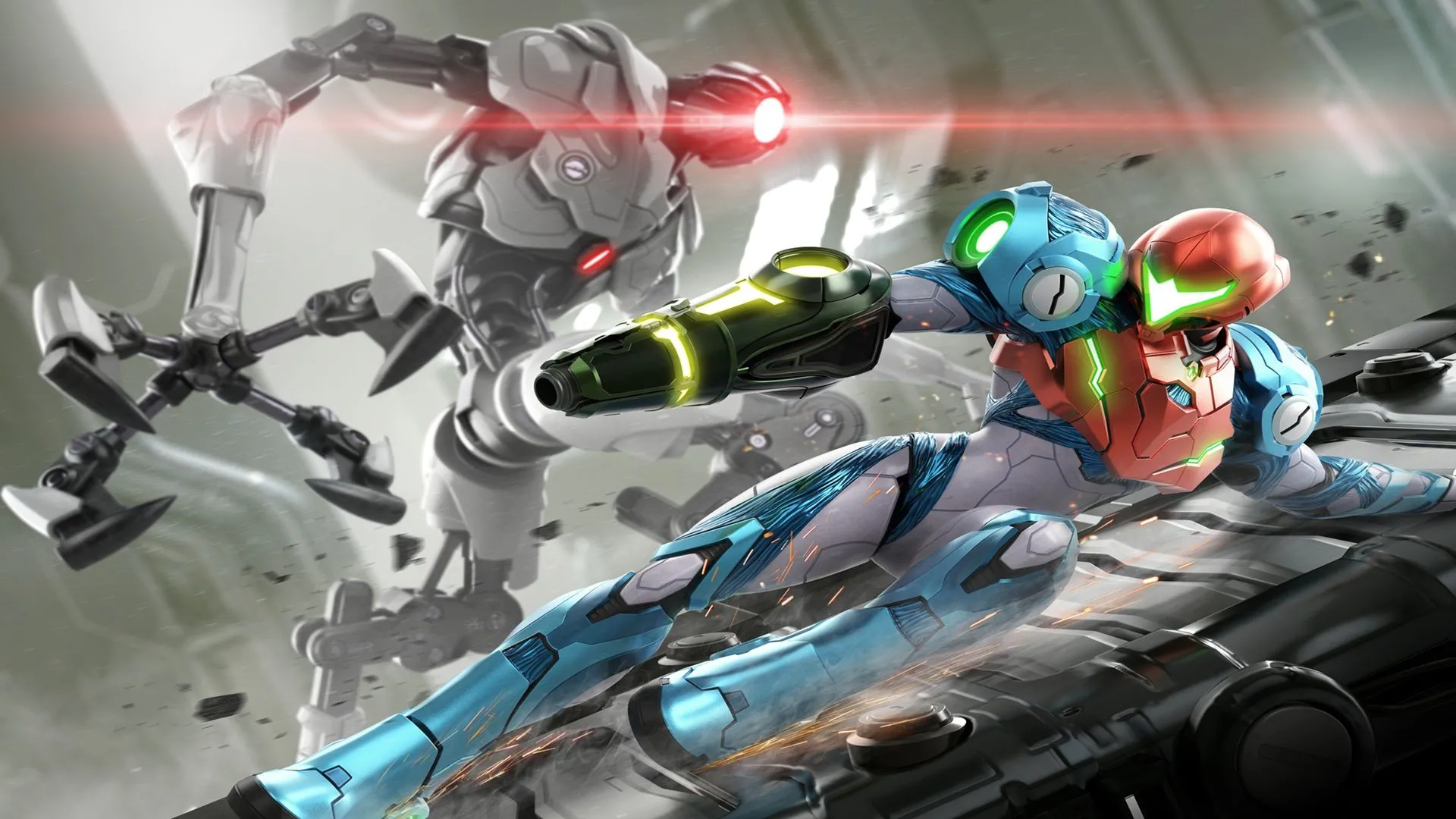 Bản vẽ quảng cáo game Metroid Dread trên Nintendo Switch, thể hiện nhân vật chính Samus Aran trong môi trường tối, nhấn mạnh đồ họa và lối chơi hành động đặc trưng của tựa game cần nâng cấp cho Switch 2.