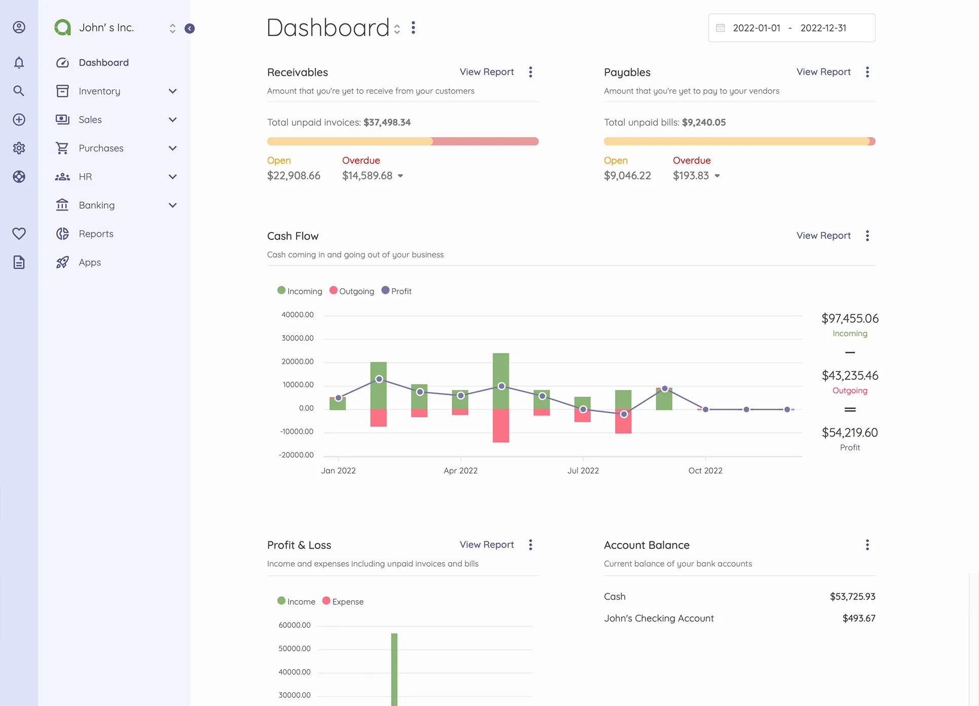 Bảng điều khiển chính (dashboard) của phần mềm kế toán Akaunting dành cho doanh nghiệp nhỏ
