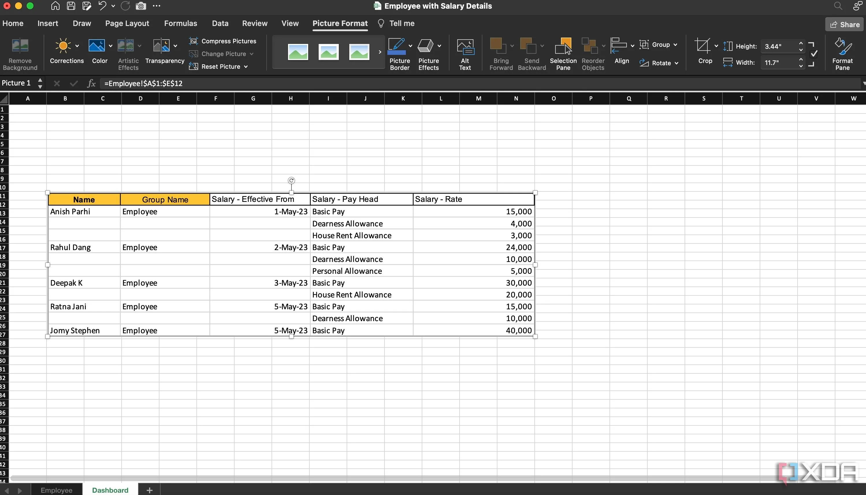 Bảng dữ liệu được dán dưới dạng hình ảnh động trong Excel