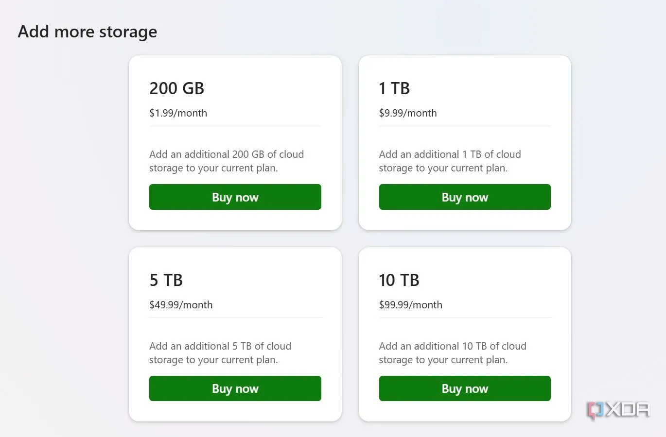 Bảng so sánh các gói dịch vụ OneDrive trả phí của Microsoft, bao gồm mức dung lượng và giá thành