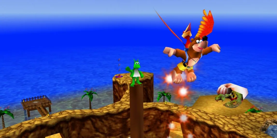 Banjo và Kazooie đang nhảy để thu thập Jinjo trong một màn chơi đầy màu sắc của Banjo-Kazooie