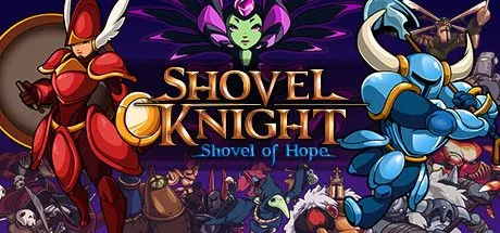 Banner game Shovel Knight với hiệp sĩ xẻng trên nền retro