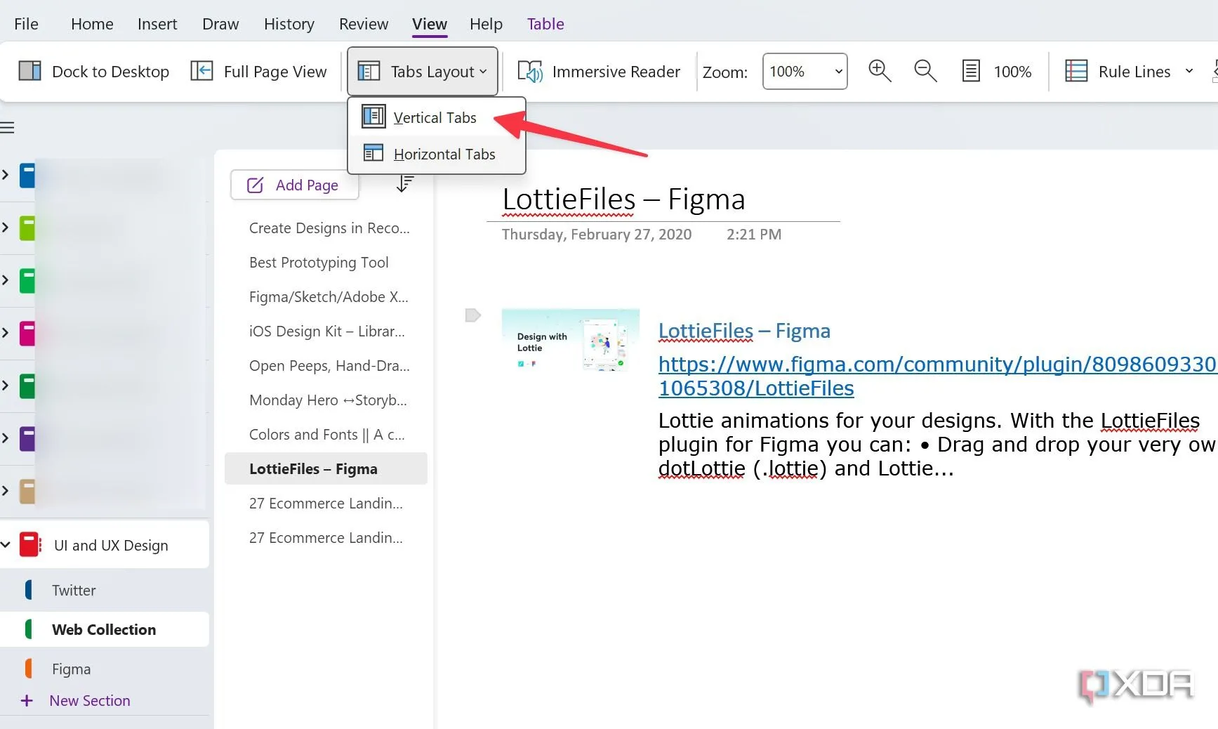 Bật bố cục Tab dọc trong OneNote để hiển thị sổ tay và phần ghi chú trên thanh bên.