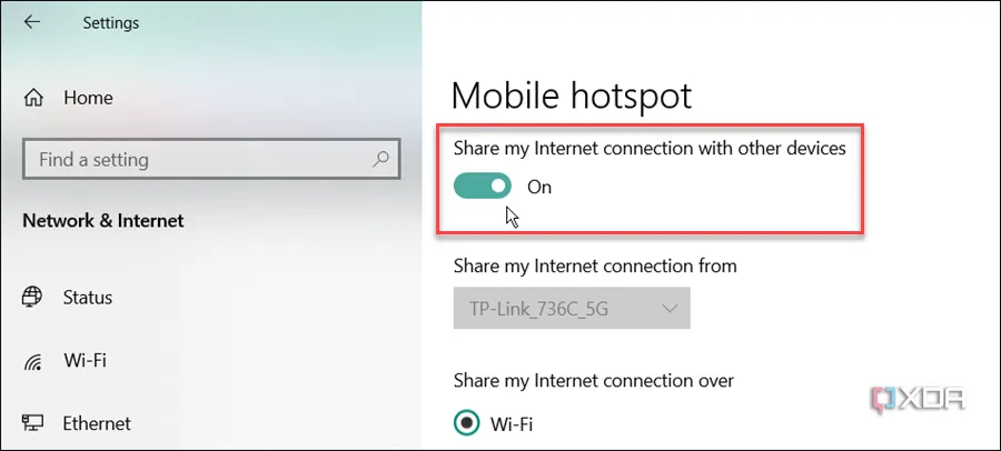 Bật công tắc 'Chia sẻ kết nối Internet của tôi với các thiết bị khác' trên Windows 10