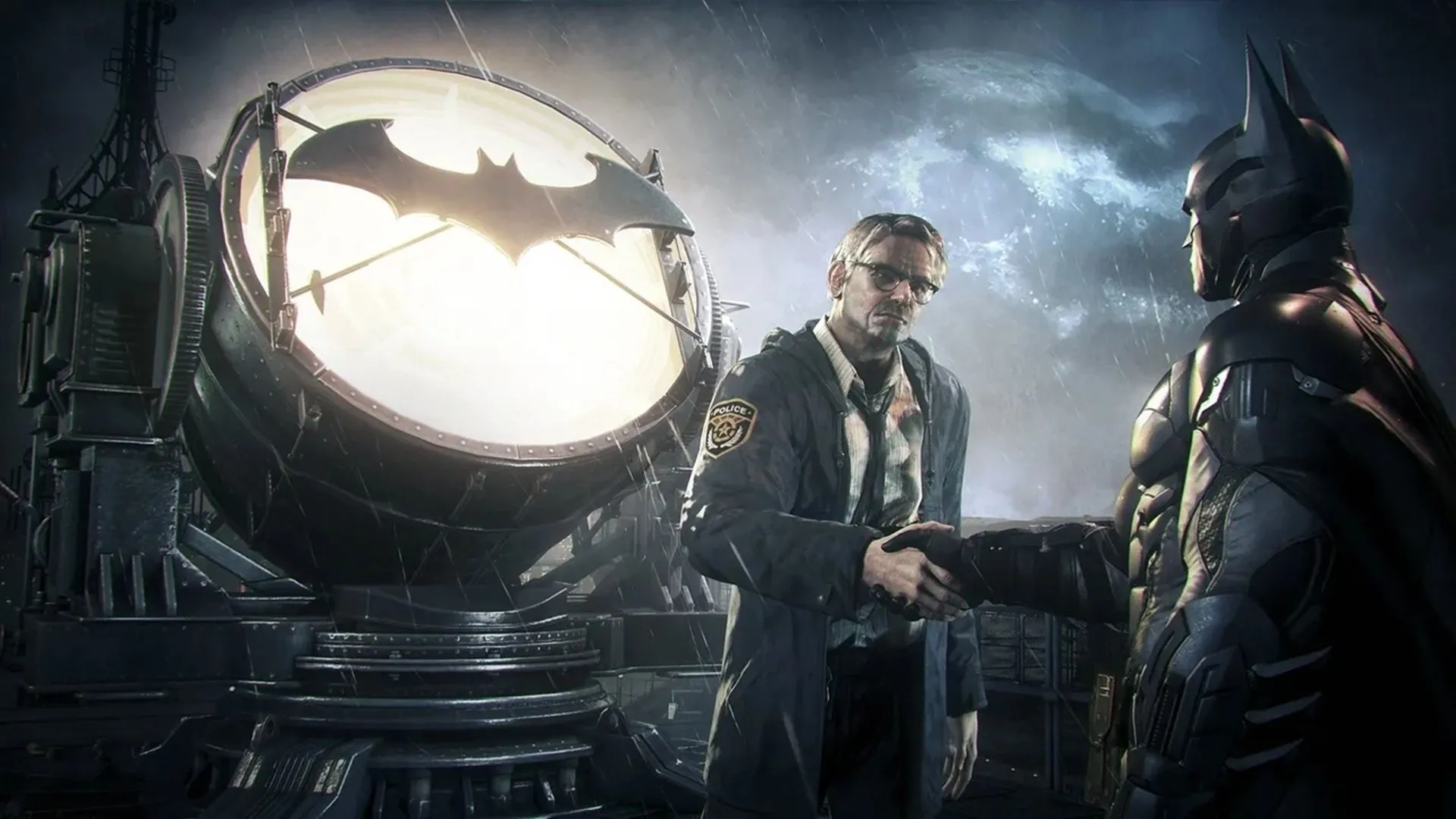 Batman đứng trên nóc nhà cao tầng quan sát Gotham về đêm trong Batman Arkham Knight