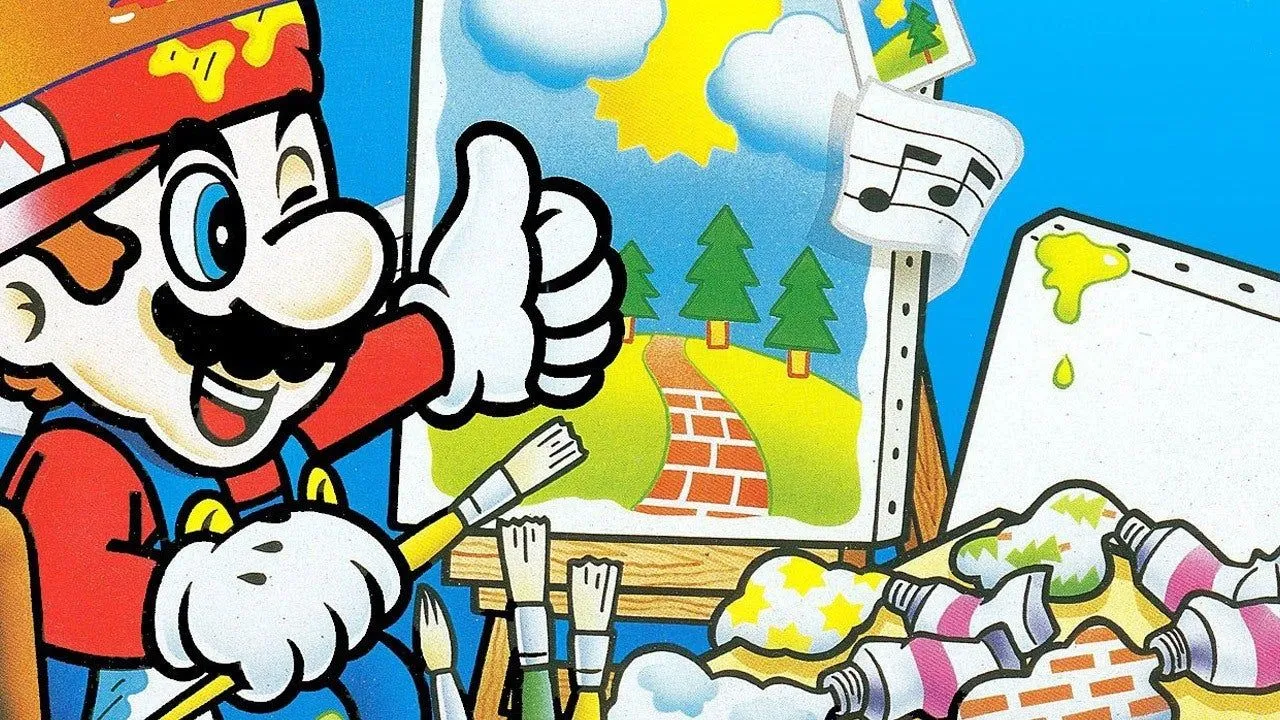 Bìa đĩa game Mario Paint gốc trên SNES, minh họa nhân vật Mario và Yoshi cùng cây bút vẽ, gợi ý khả năng chơi lại tựa game sáng tạo này nhờ chế độ chuột trên Nintendo Switch 2.