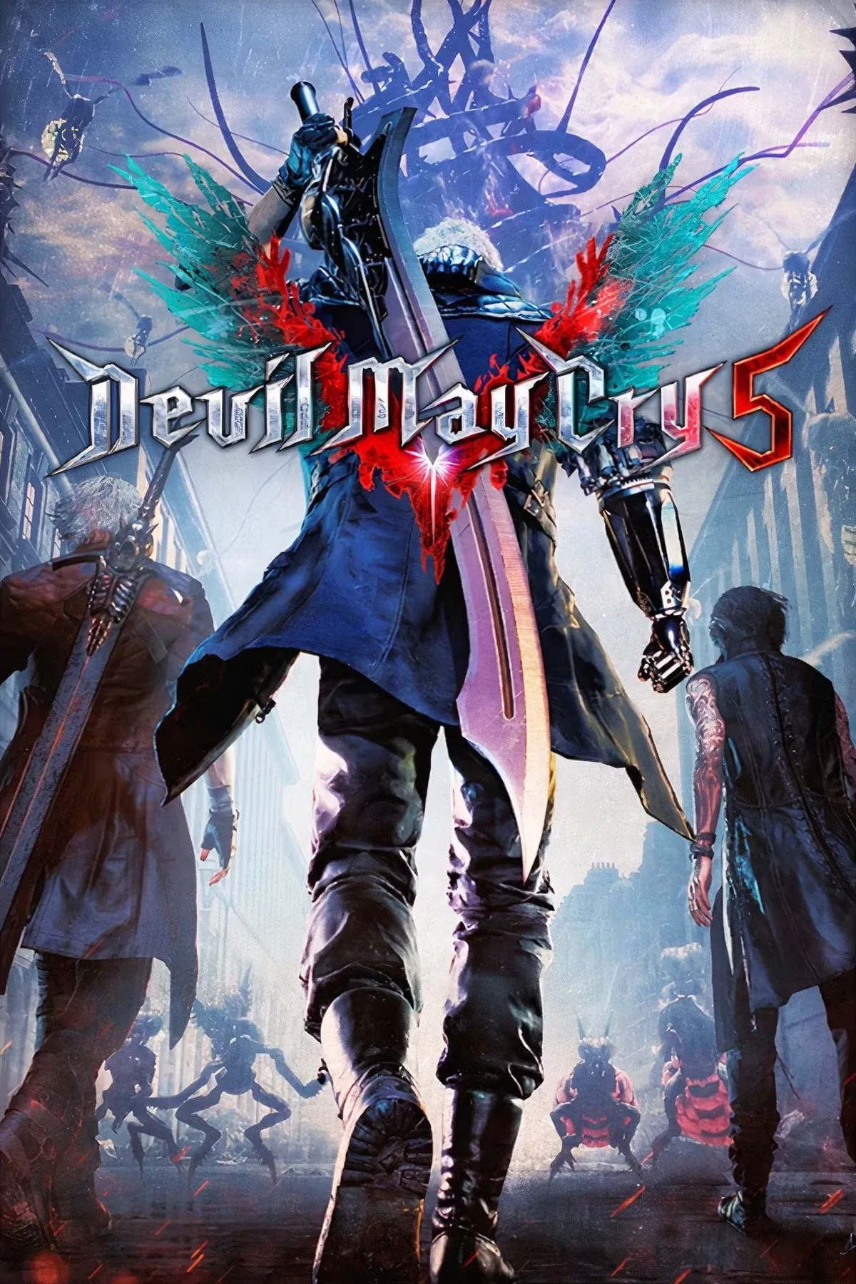 Bìa game Devil May Cry 5 với các nhân vật chính Dante, Nero và V, biểu tượng của sự trở lại dòng game hành động.