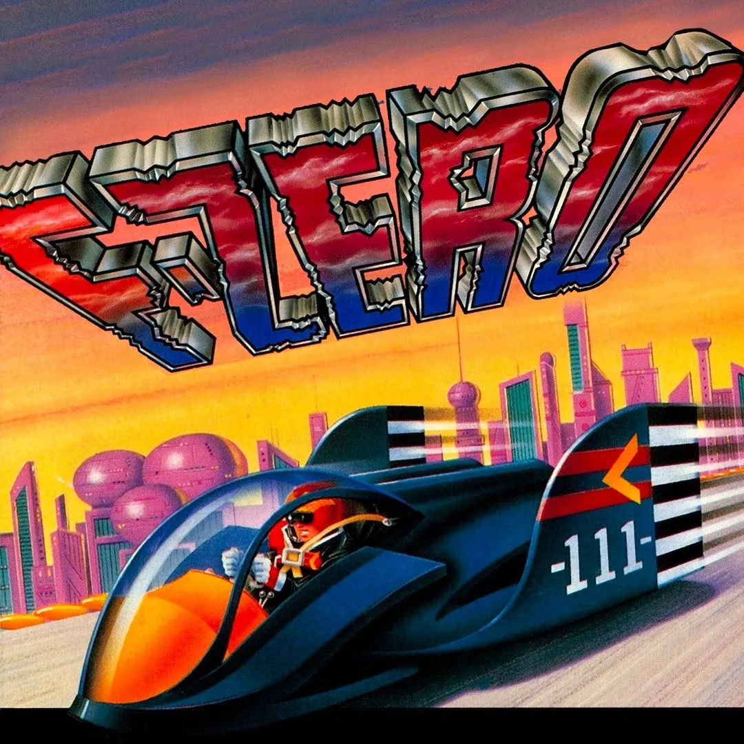 Bìa game F-Zero SNES với phi thuyền Captain Falcon tốc độ cao trên đường đua tương lai