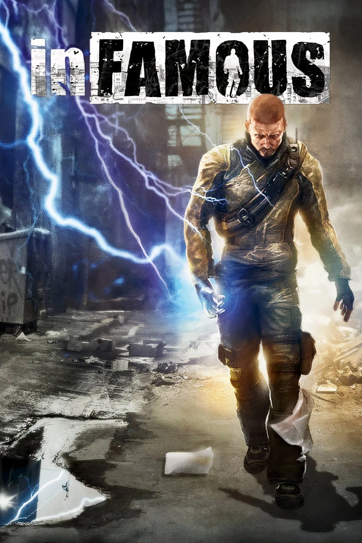 Bìa game InFAMOUS 1 với nhân vật chính Cole MacGrath và sức mạnh điện