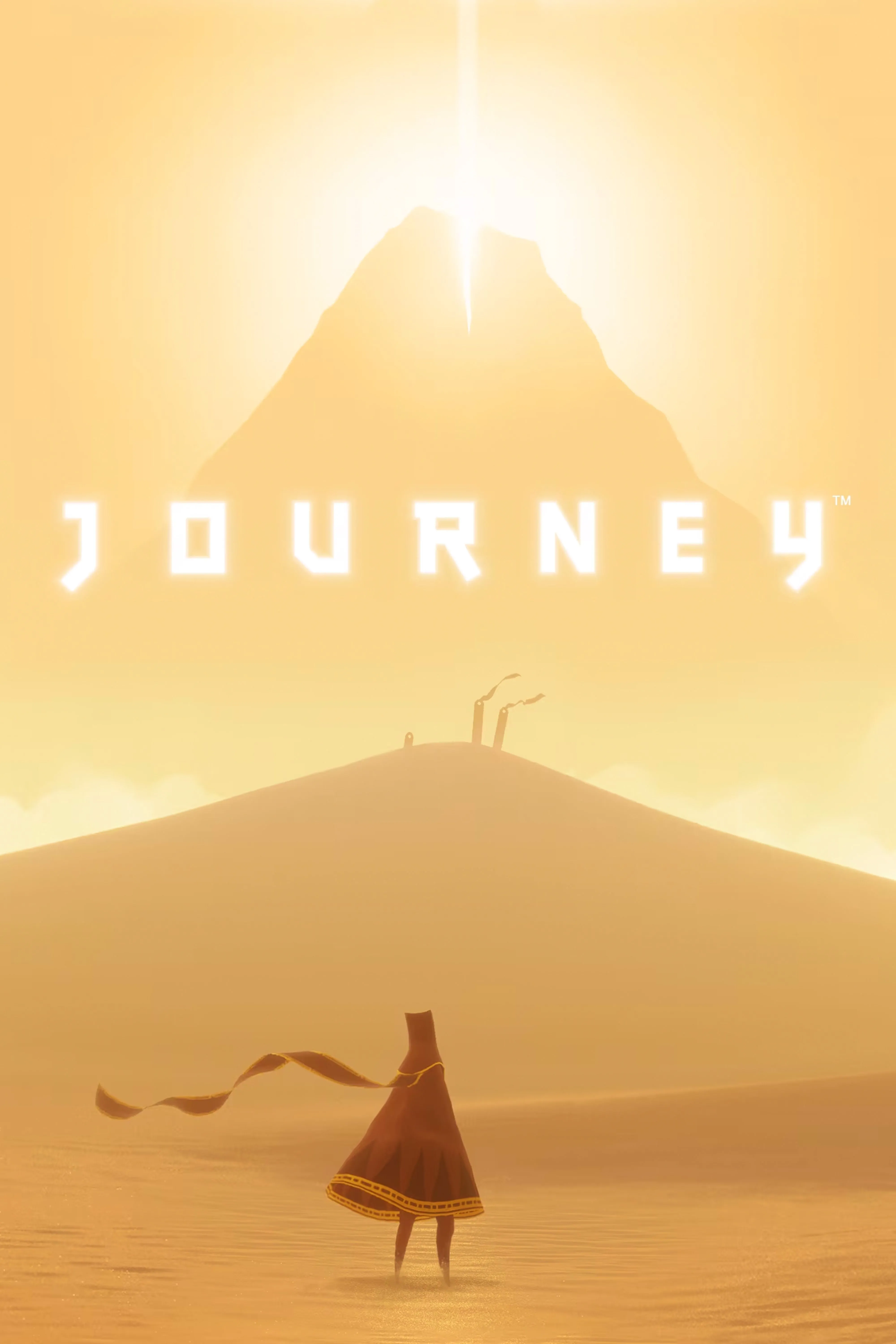 Bìa game Journey với nhân vật mặc áo choàng đỏ đứng trên cồn cát sa mạc rộng lớn