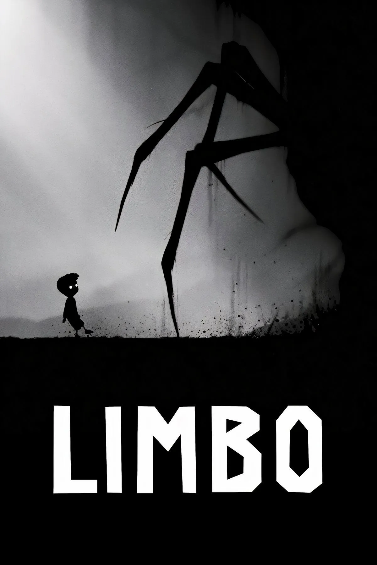 Bìa game Limbo, thể hiện phong cách đồ họa tối giản đen trắng với nhân vật silhouette