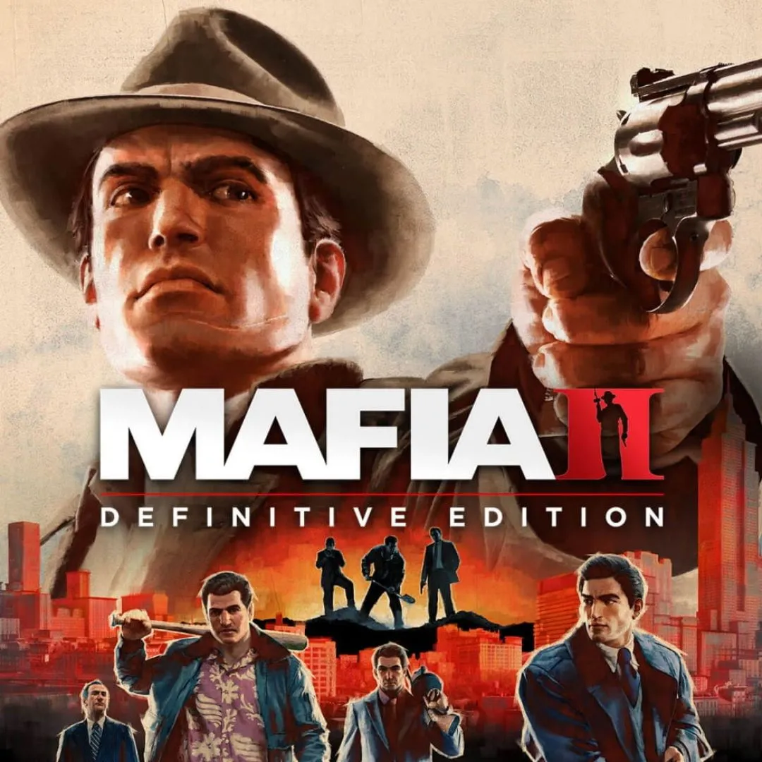 Bìa game Mafia II: Definitive Edition với Vito Scaletta, phản ánh không khí tội phạm cổ điển.