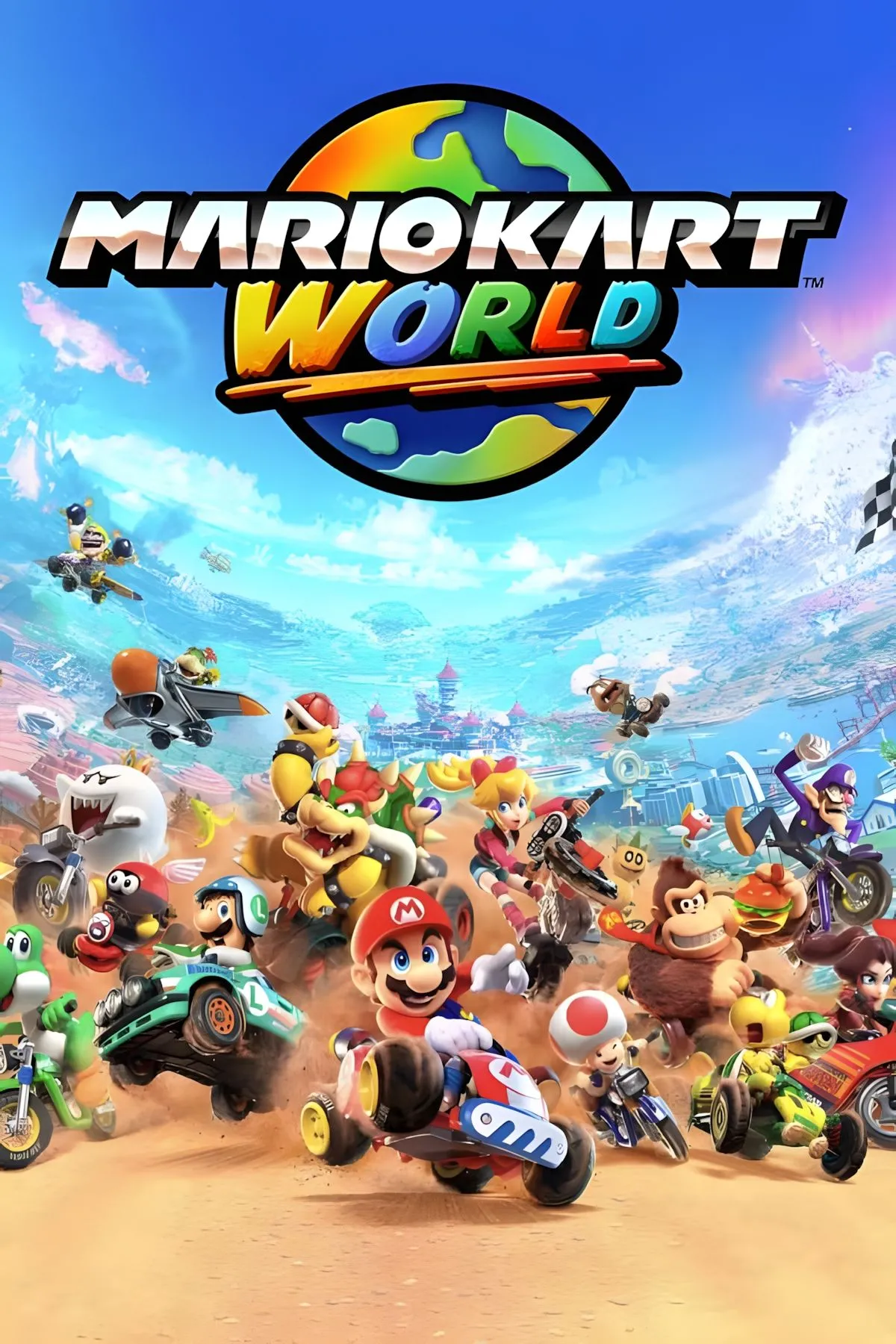 Bìa game Mario Kart World với các nhân vật quen thuộc của Nintendo.