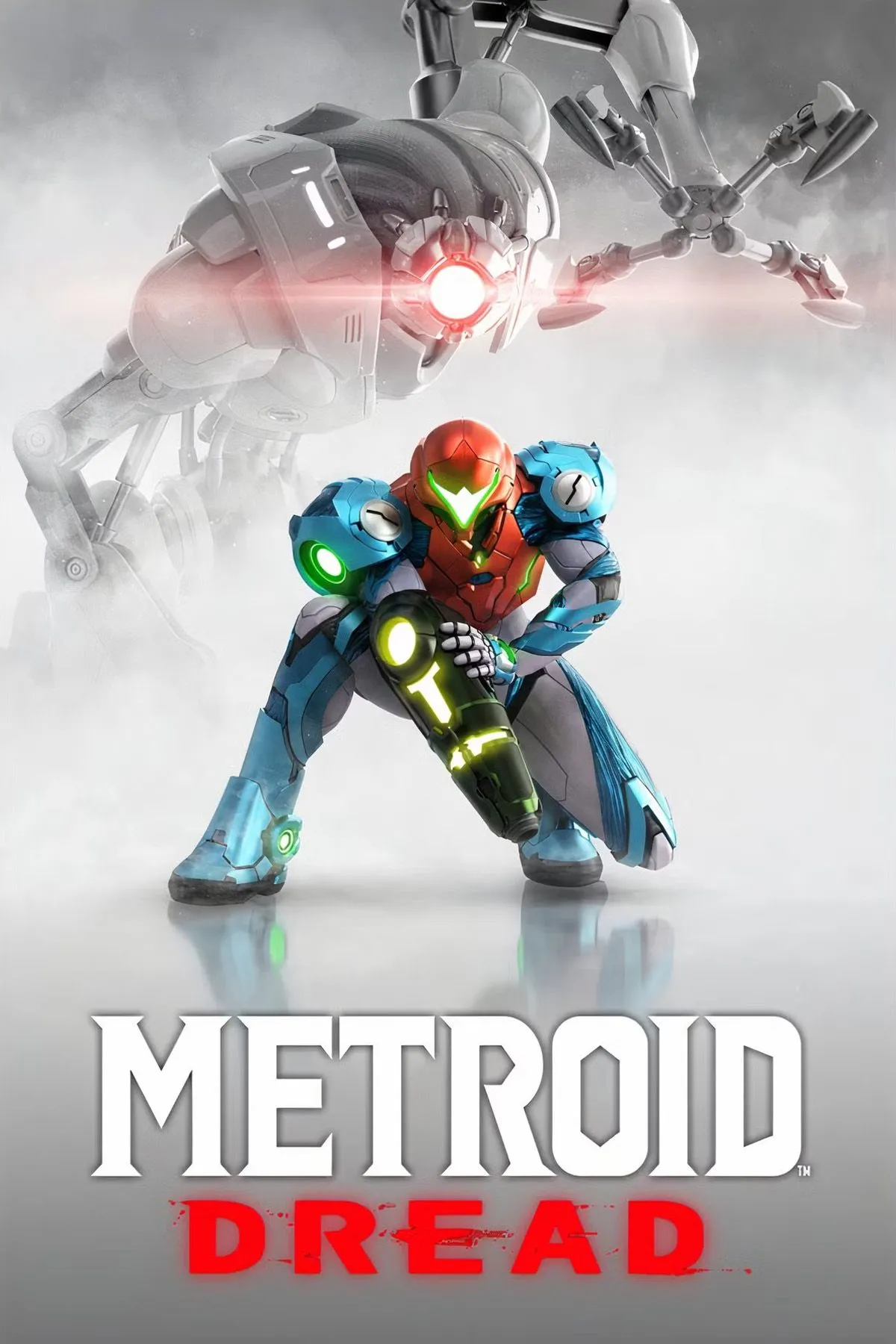 Bìa game Metroid Dread với nhân vật chính Samus Aran đối mặt với mối đe dọa từ E.M.M.I