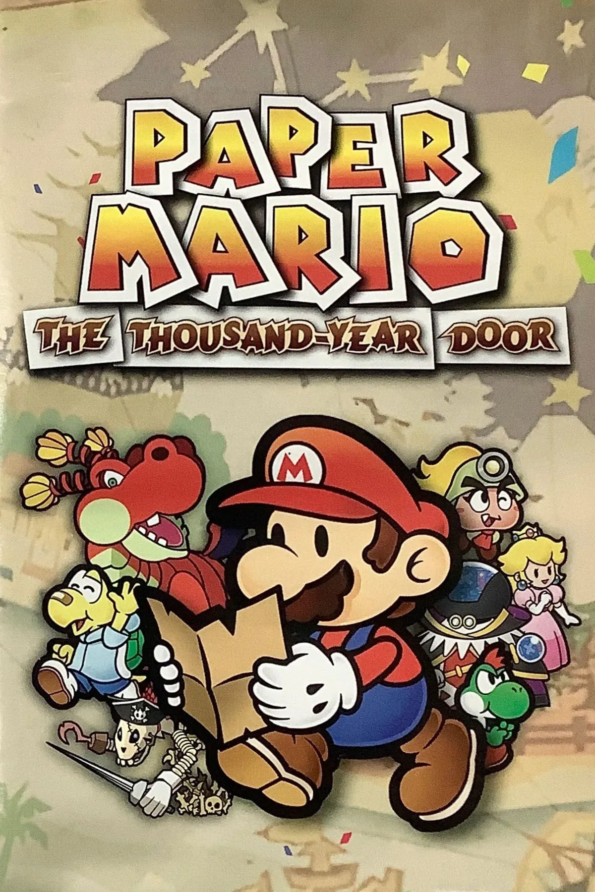 Bìa game Paper Mario: The Thousand-Year Door trên Nintendo GameCube với phong cách độc đáo.
