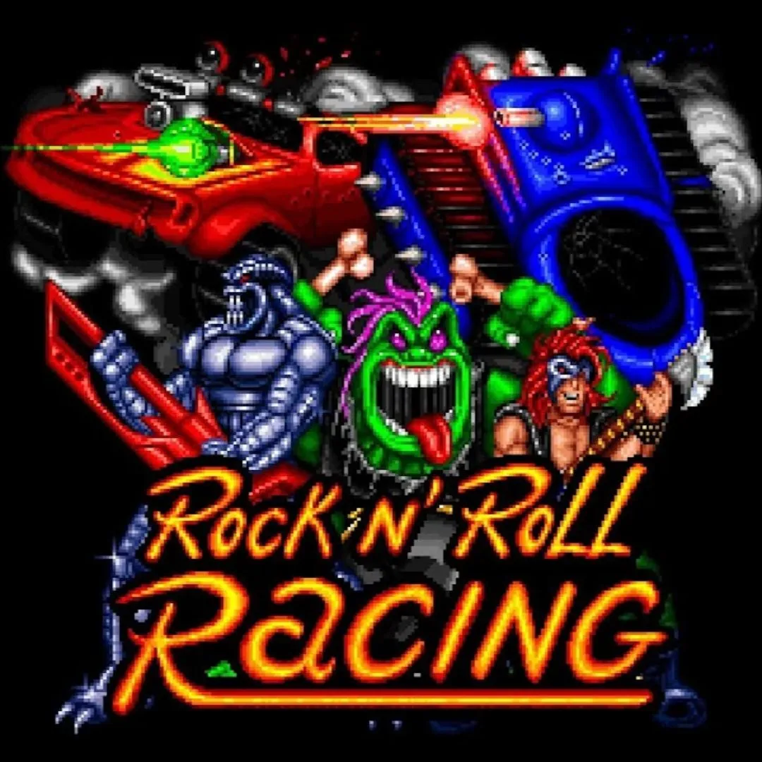 Bìa game Rock n' Roll Racing trên SNES với cảnh xe tải chiến đấu và phong cách rock isometric