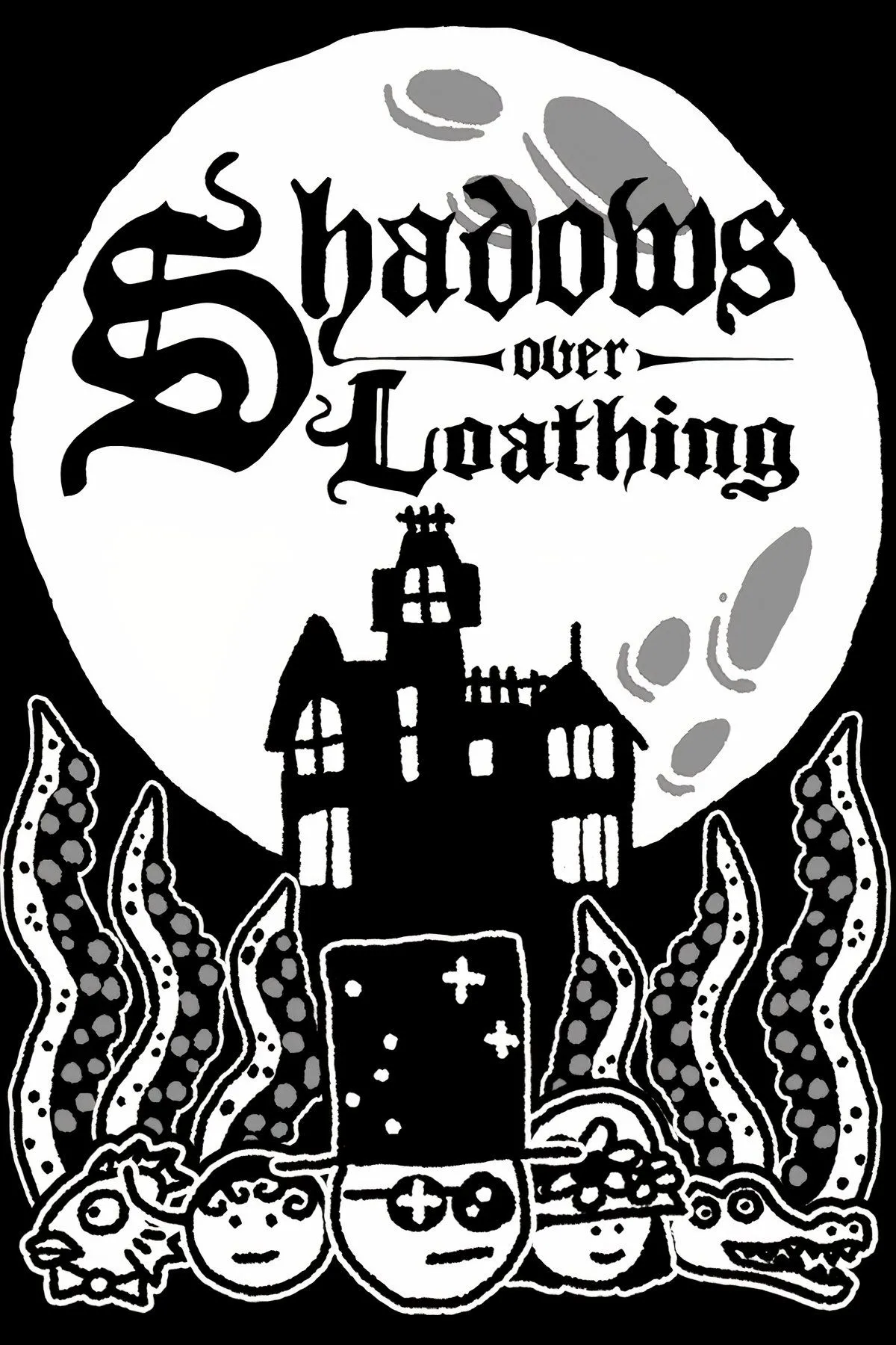 Bìa game Shadows Over Loathing, với phong cách đồ họa hình vẽ que đen trắng độc đáo và hài hước