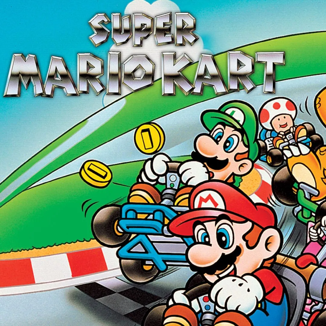 Bìa game Super Mario Kart SNES với Mario, Luigi và các nhân vật khác trên đường đua đầy màu sắc