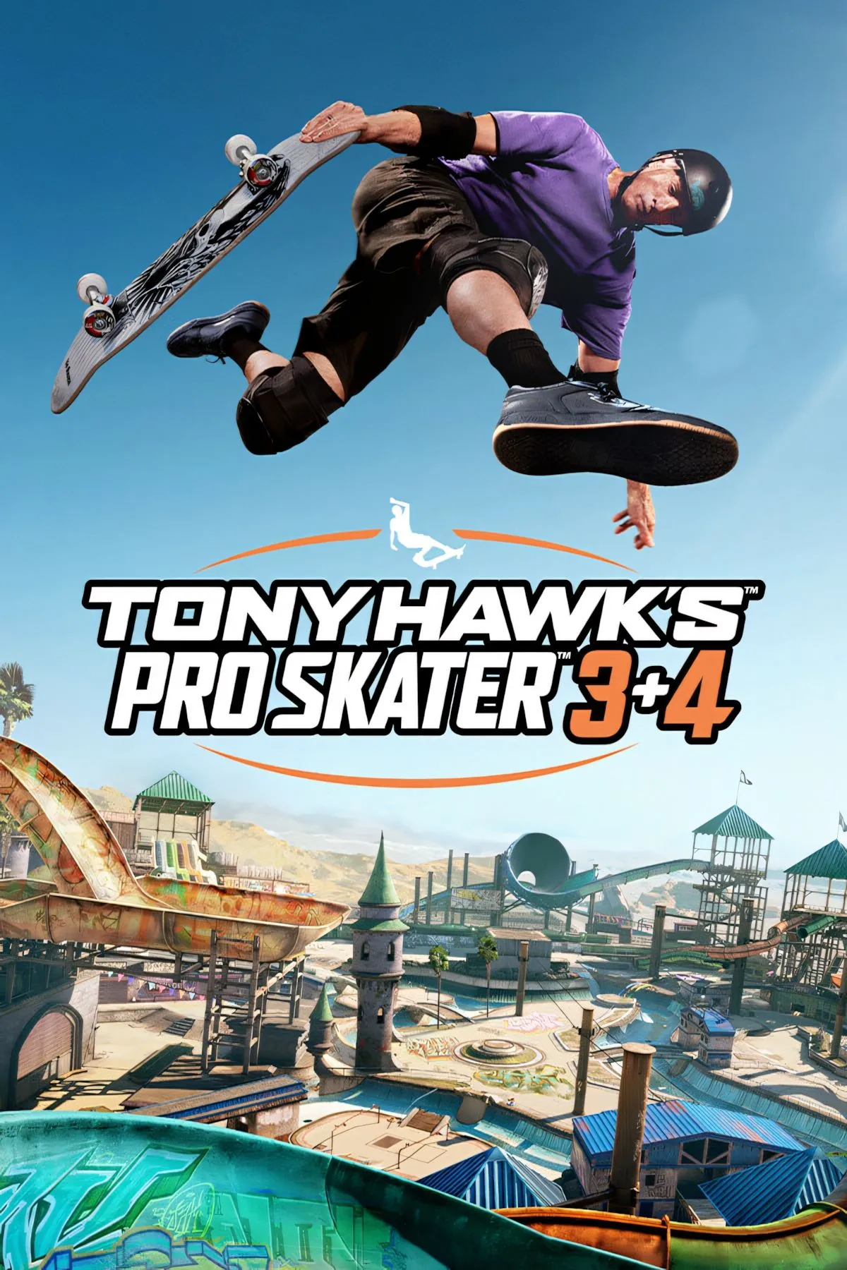 Bìa game Tony Hawk's Pro Skater 3+4, hiển thị hình ảnh một skater đang thực hiện trick trên không với logo game