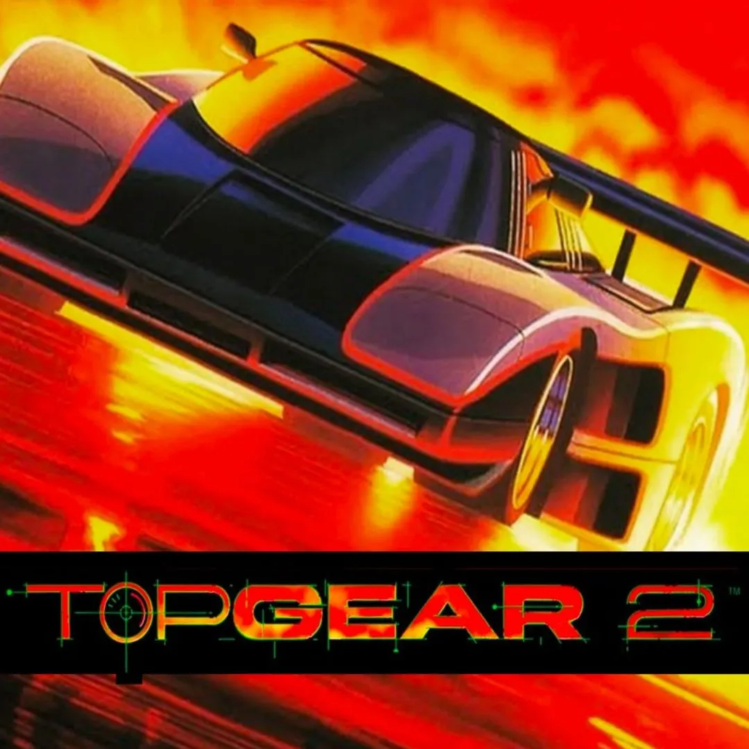 Bìa game Top Gear 2 SNES với chiếc xe đua màu đỏ phóng nhanh trên đường và phong cảnh thành phố