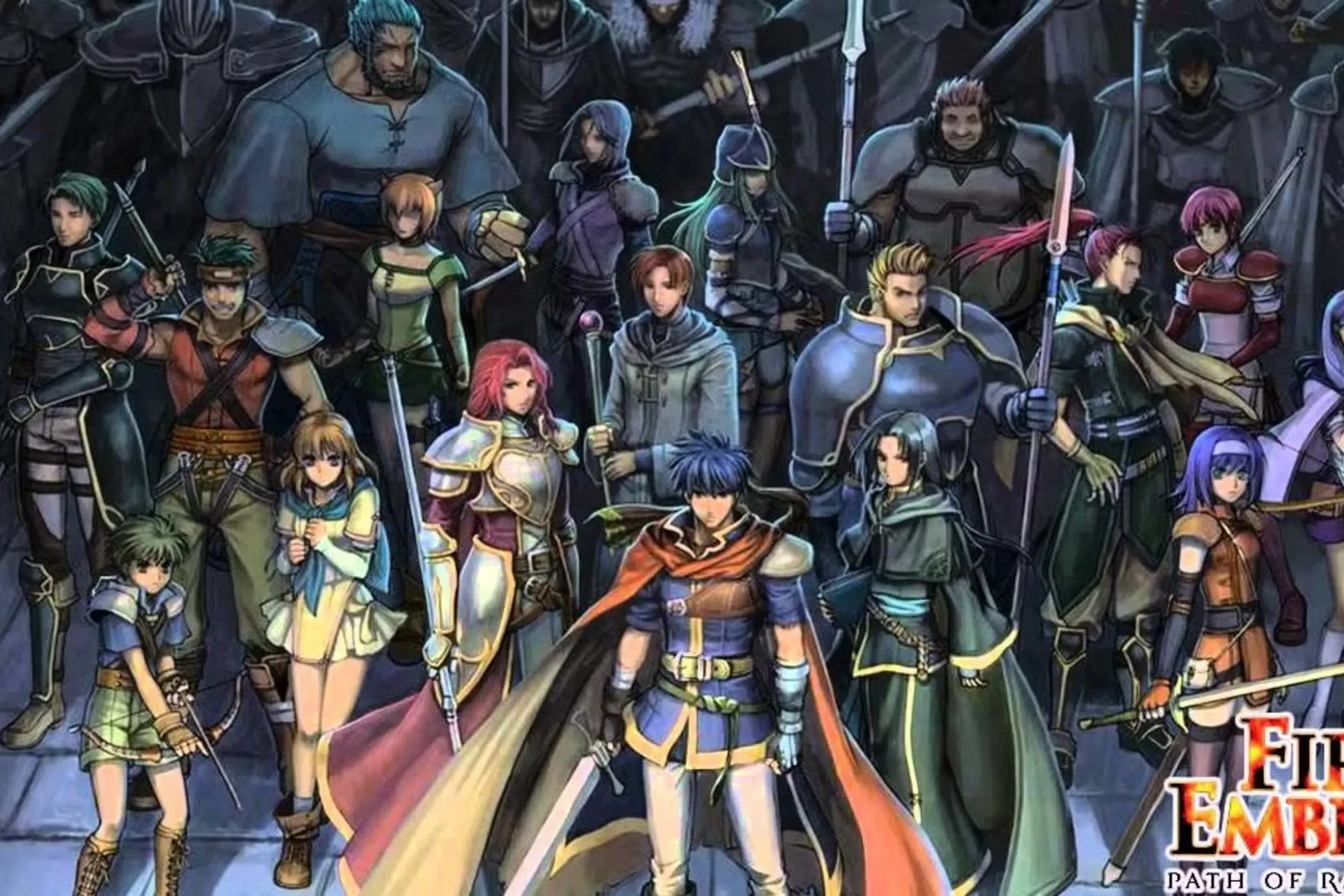 Bìa minh họa các nhân vật chính trong game Fire Emblem: Path of Radiance trên nền phong cảnh hùng vĩ