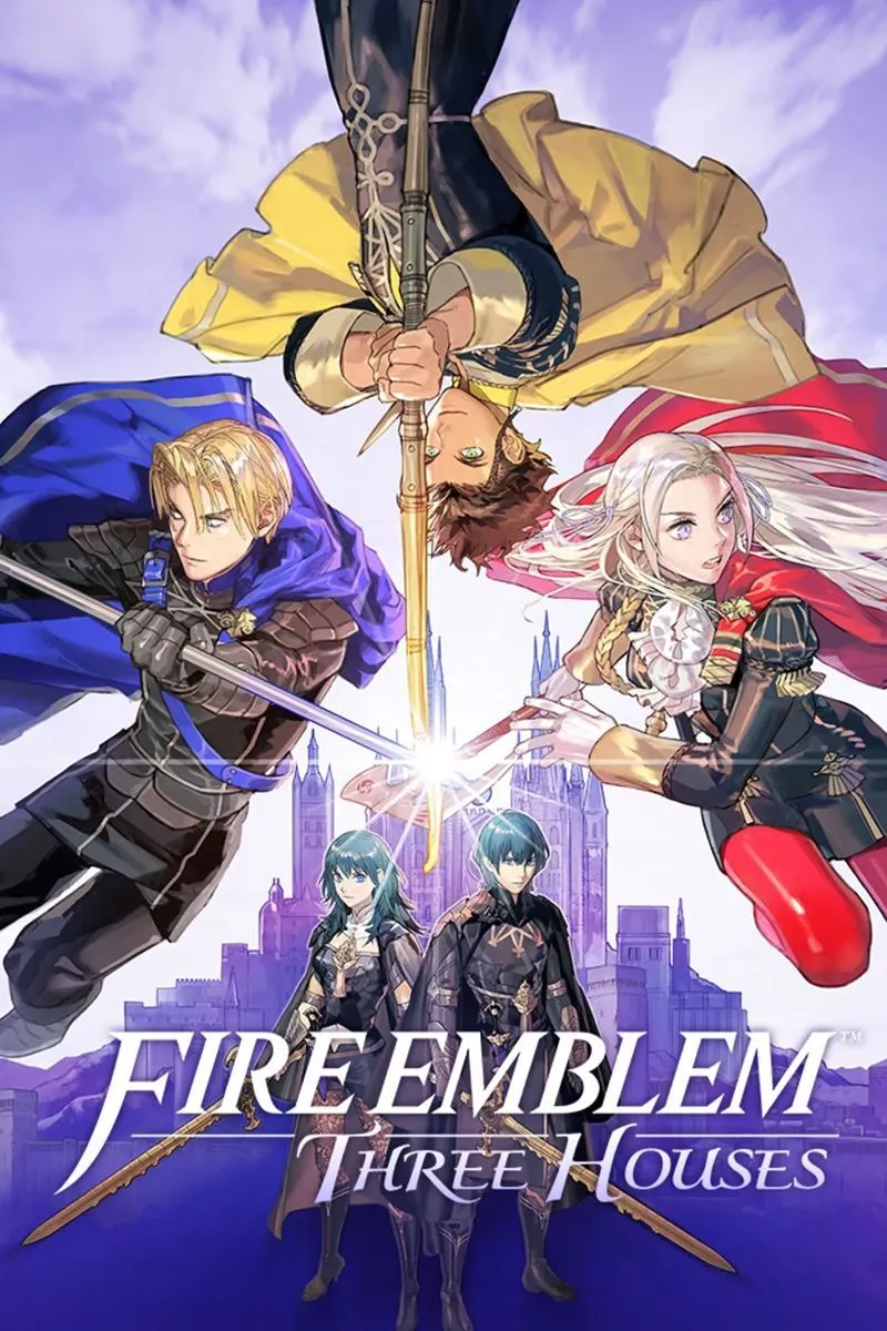 Bìa nghệ thuật của game Fire Emblem: Three Houses, với các nhân vật chính và biểu tượng ba nhà