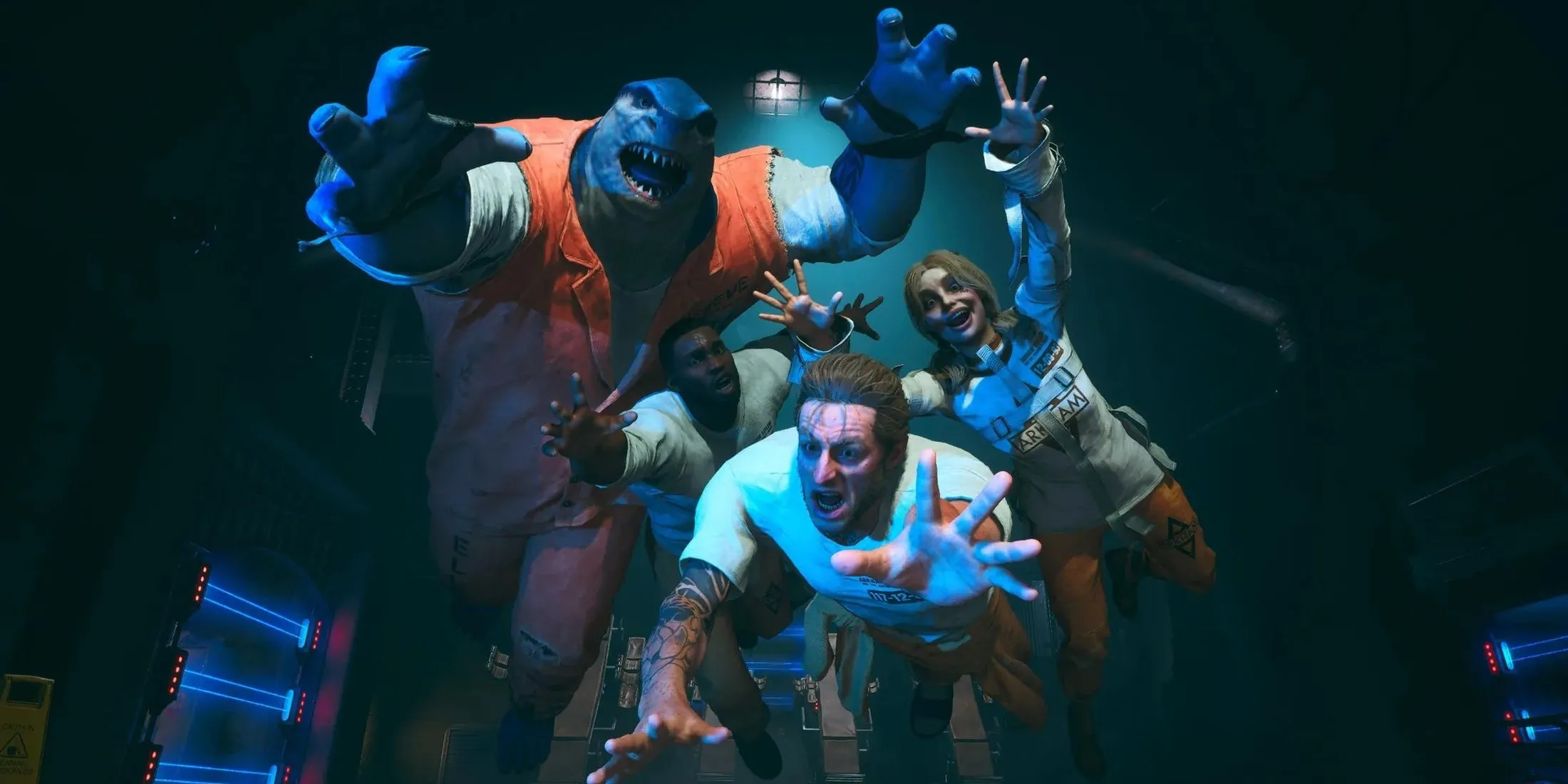 Biệt đội Suicide Squad với Harley Quinn, Deadshot, King Shark và Captain Boomerang trong một cảnh hành động hoành tráng của game.