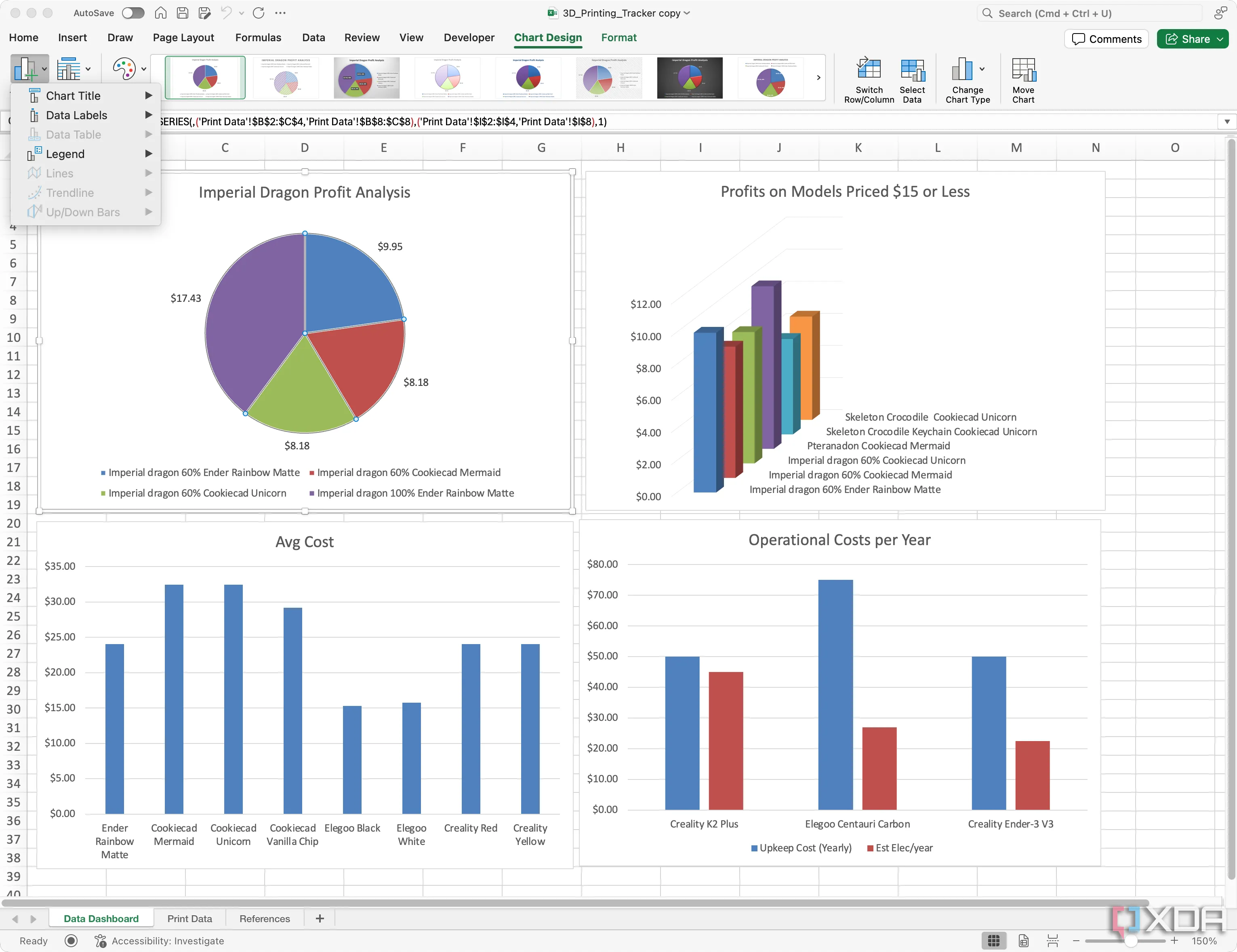 Biểu đồ cột trong Excel đang được tinh chỉnh với tiêu đề, nhãn trục và định dạng để cải thiện khả năng đọc hiểu dữ liệu in 3D.