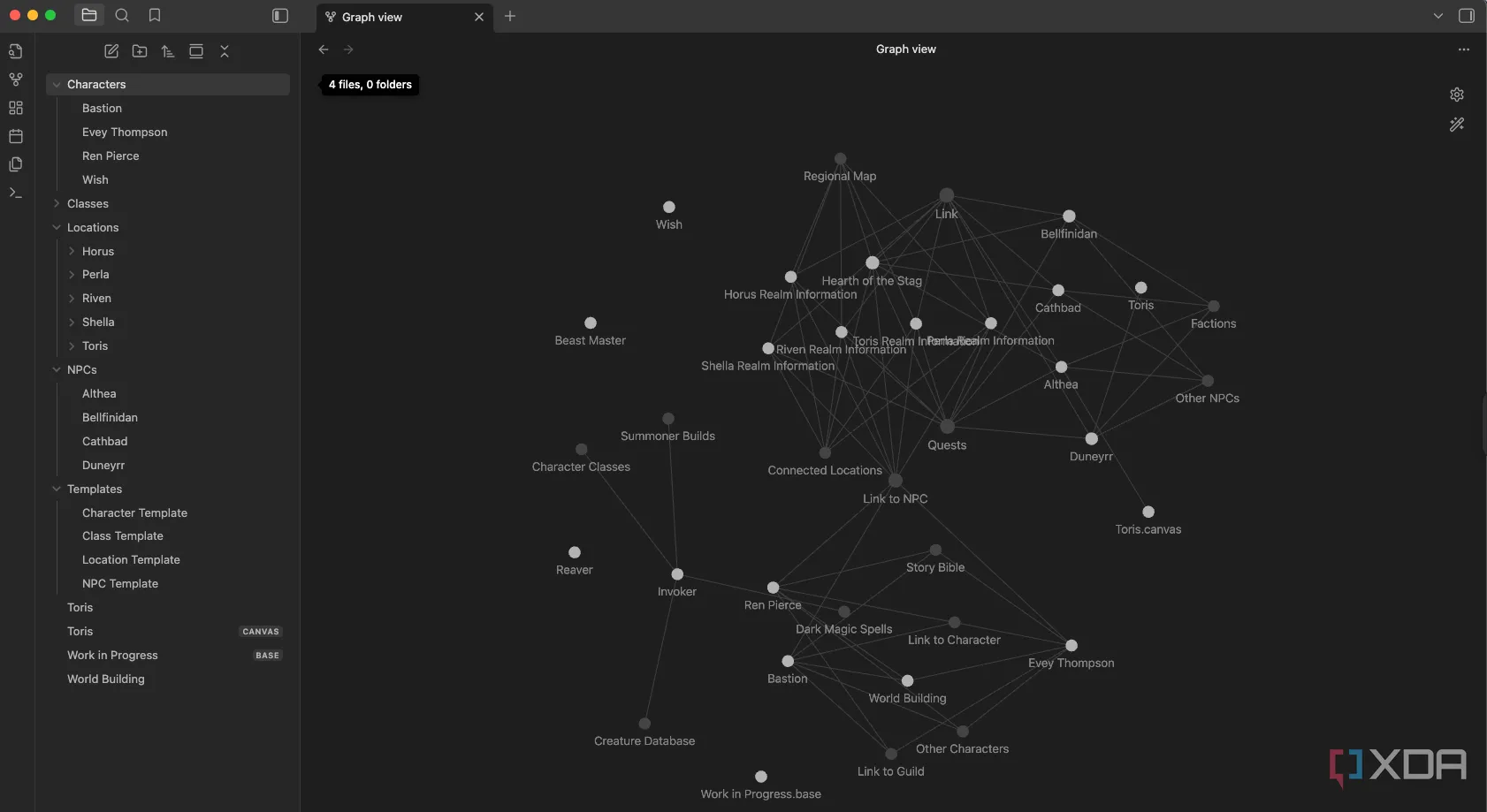 Biểu đồ mạng lưới (graph view) lớn trong Obsidian thể hiện các liên kết ghi chú