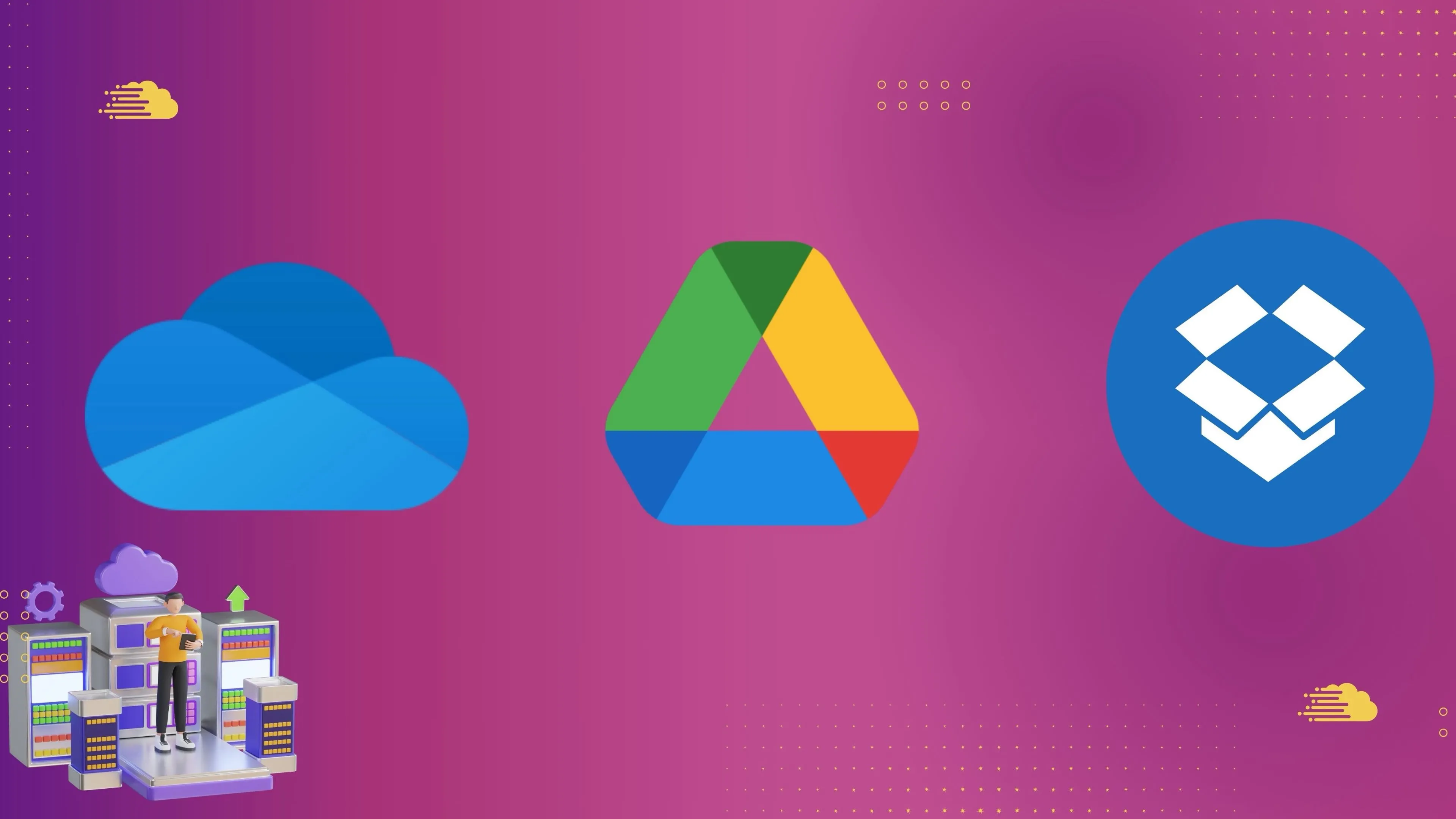 Biểu tượng của các dịch vụ lưu trữ đám mây hàng đầu như Google Drive, OneDrive và Dropbox, gợi ý các lựa chọn sao lưu hiệu quả