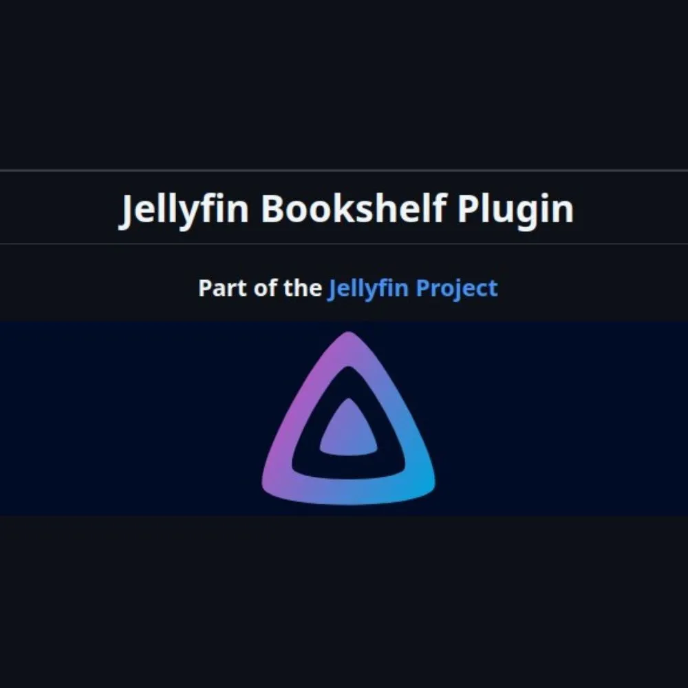 Biểu tượng plugin Jellyfin Bookshelf với hình ảnh cuốn sách mở màu xanh, tượng trưng cho việc quản lý ebook và audiobook