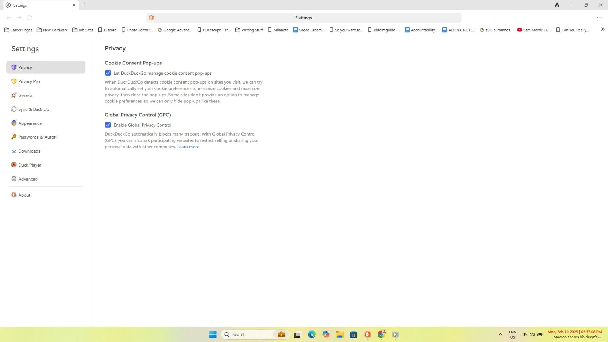 Biểu tượng tính năng Global Privacy Control (GPC) trong DuckDuckGo, thể hiện cam kết của trình duyệt trong việc ngăn chặn việc bán hoặc chia sẻ dữ liệu người dùng