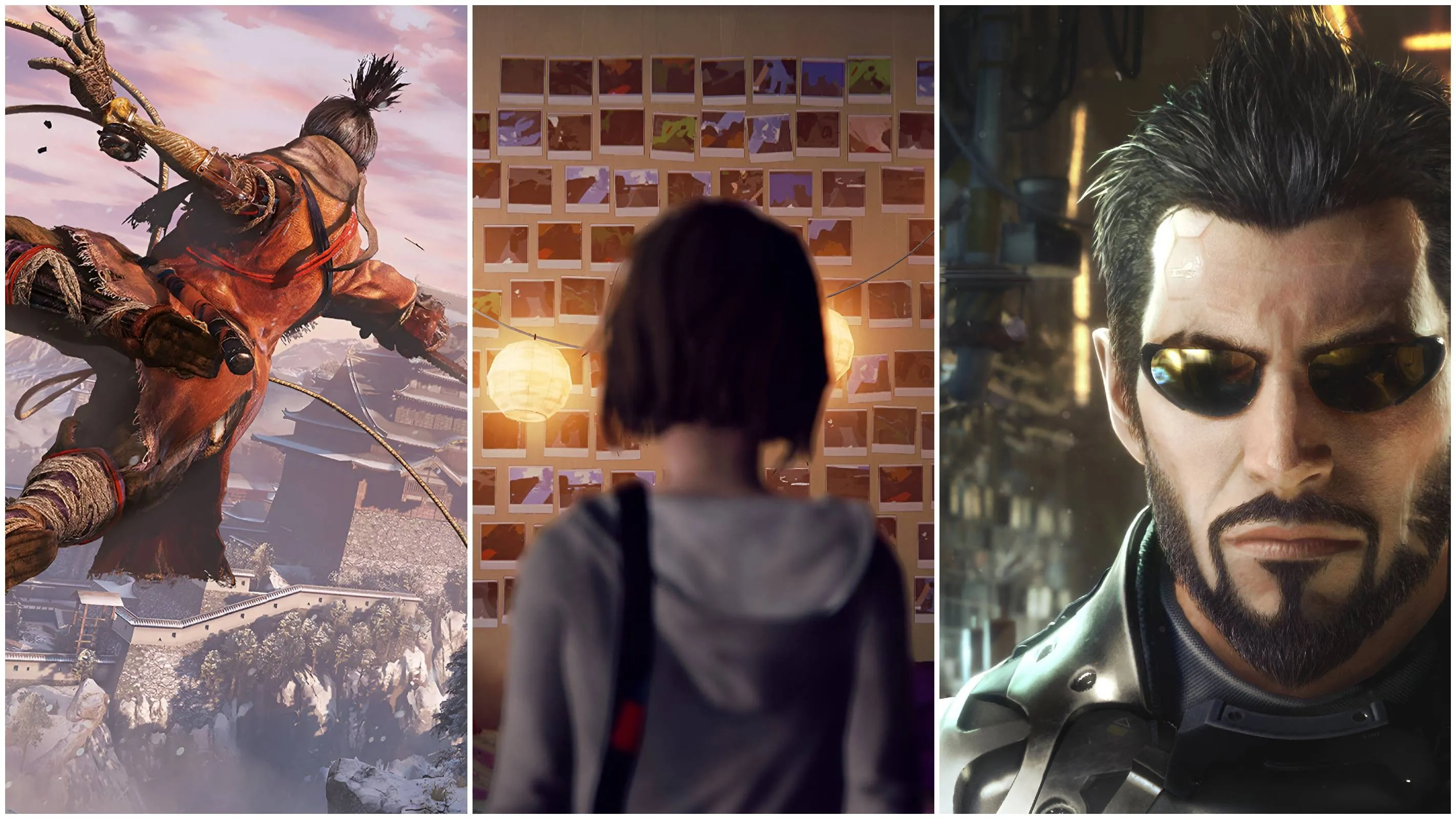 Bộ ba nhân vật Wolf (Sekiro), Max (Life is Strange) và Adam Jensen (Deus Ex), tượng trưng cho những bài học cuộc sống từ game.