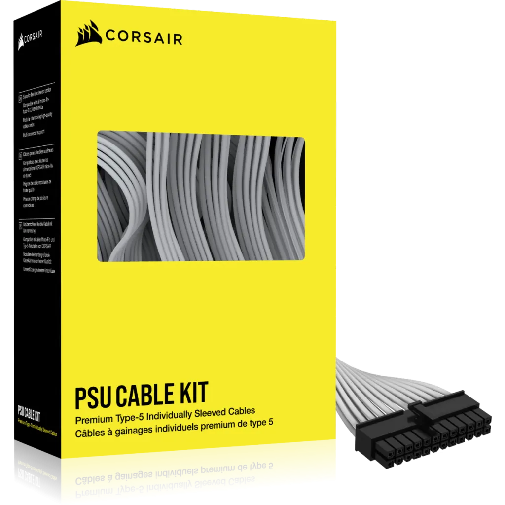 Bộ cáp nguồn Corsair Individually Sleeved với lớp bọc paracord màu sắc tùy chỉnh, giúp tăng tính thẩm mỹ khi đi dây PC.
