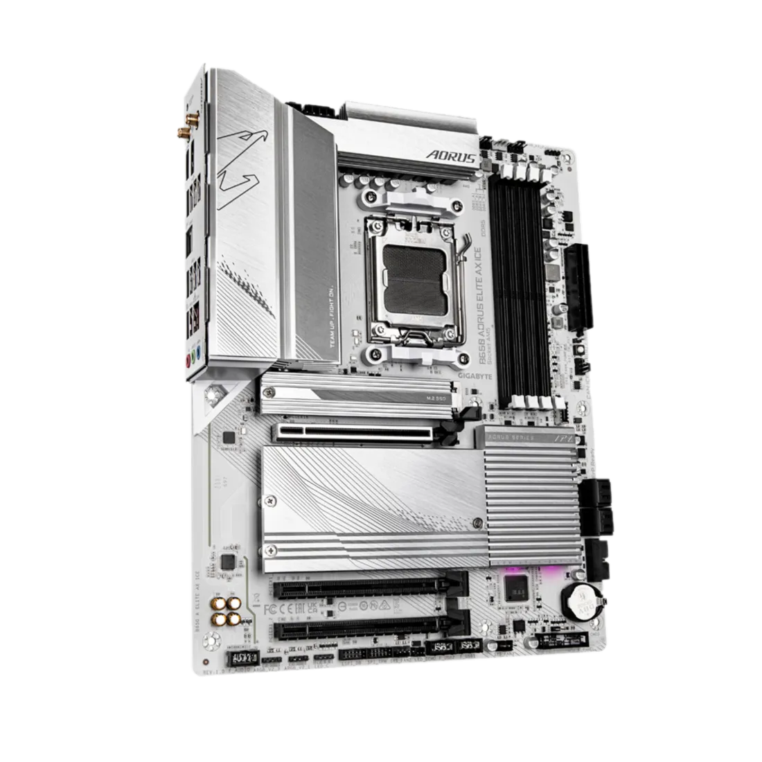 Bo mạch chủ Gigabyte B650 Aorus Elite AX ICE màu trắng tinh tế với các tản nhiệt VRM mạnh mẽ, phù hợp cho các bản dựng PC chủ đề trắng