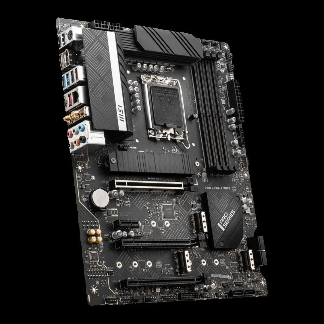 Bo mạch chủ MSI PRO Z690-A WiFi nhìn từ panel I/O, minh họa khả năng hỗ trợ các chuẩn Wi-Fi tiên tiến như Wi-Fi 6E hoặc Wi-Fi 7