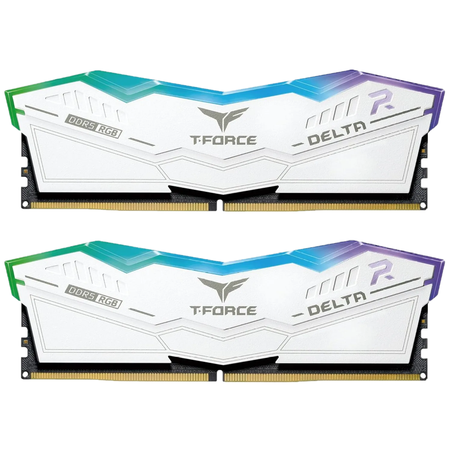 Bộ RAM TeamGroup T-Force Delta RGB DDR5 màu trắng với dải đèn RGB sống động, tạo điểm nhấn thẩm mỹ cho dàn PC
