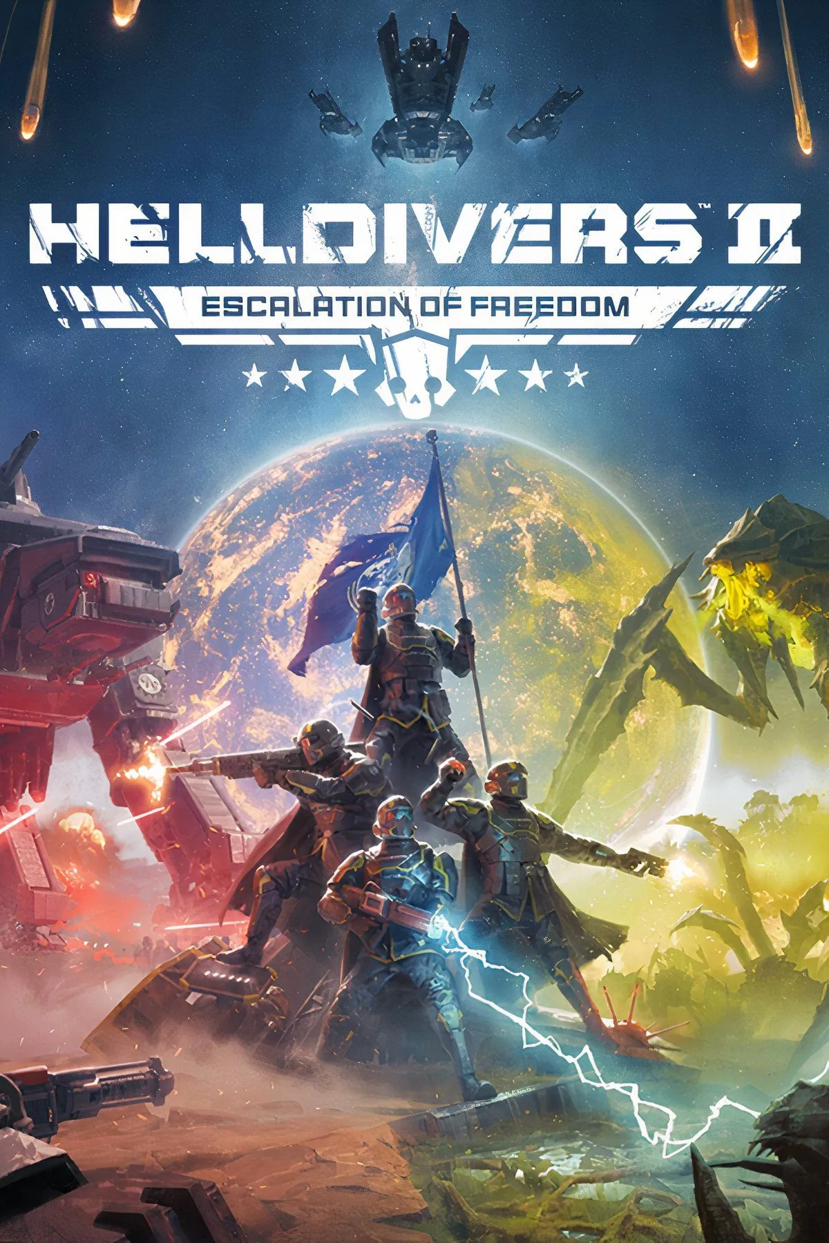 Bốn nhân vật trong Helldivers 2 với trang bị vũ khí và giáp trụ đầy đủ, sẵn sàng chiến đấu