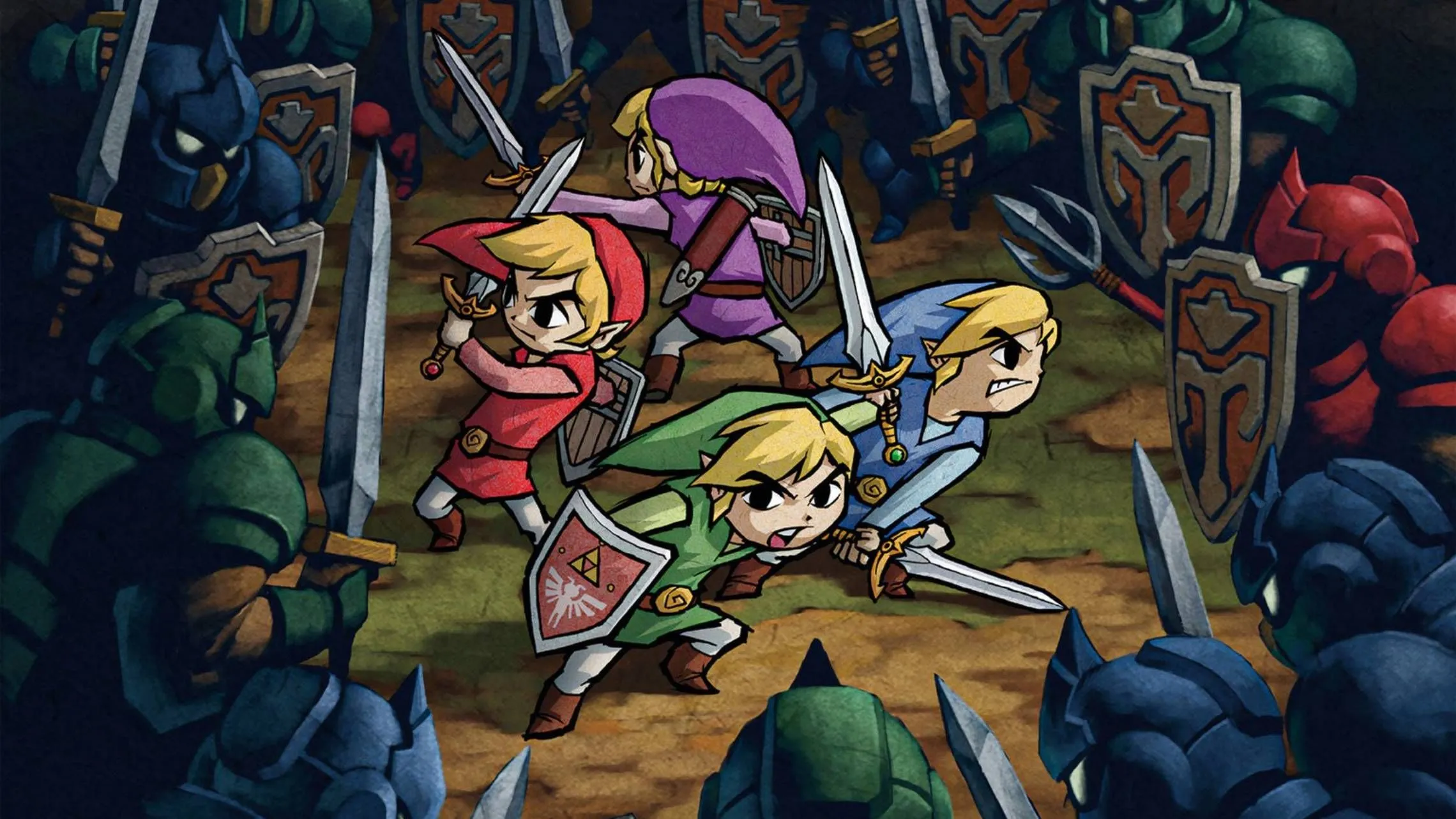 Bốn phiên bản Link chiến đấu với kẻ thù trong artwork chính thức của The Legend of Zelda: Four Swords Adventure