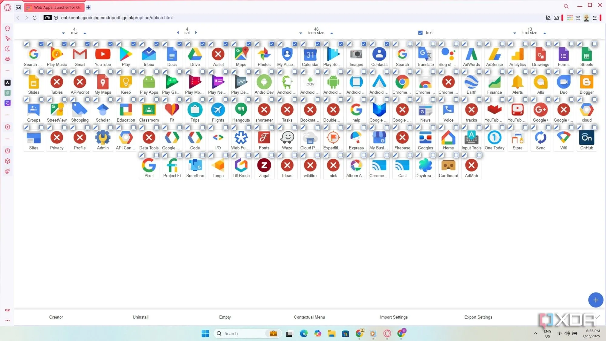 Các biểu tượng ứng dụng Google Workspace trên thanh công cụ Opera GX