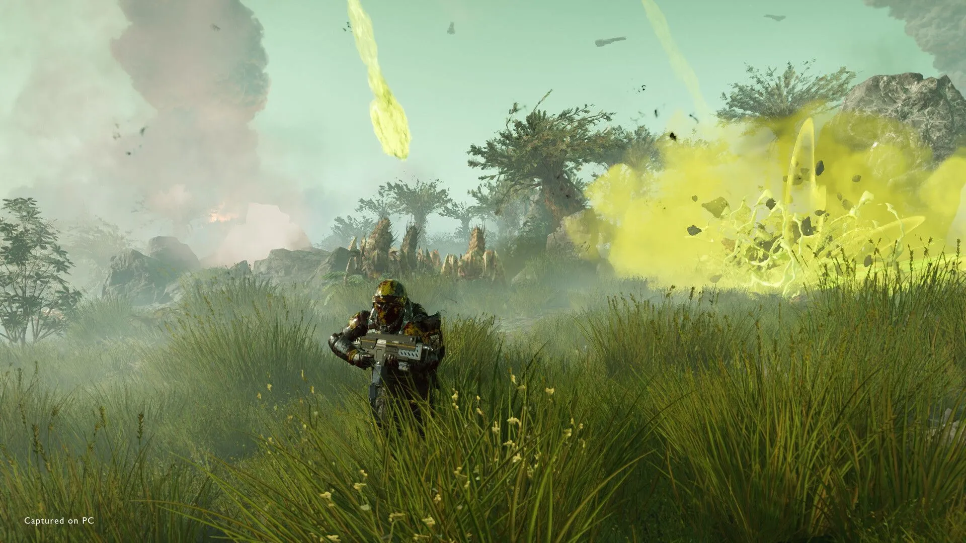 Các chiến binh Helldivers 2 chạy trên một cánh đồng rộng lớn, chuẩn bị cho nhiệm vụ mới