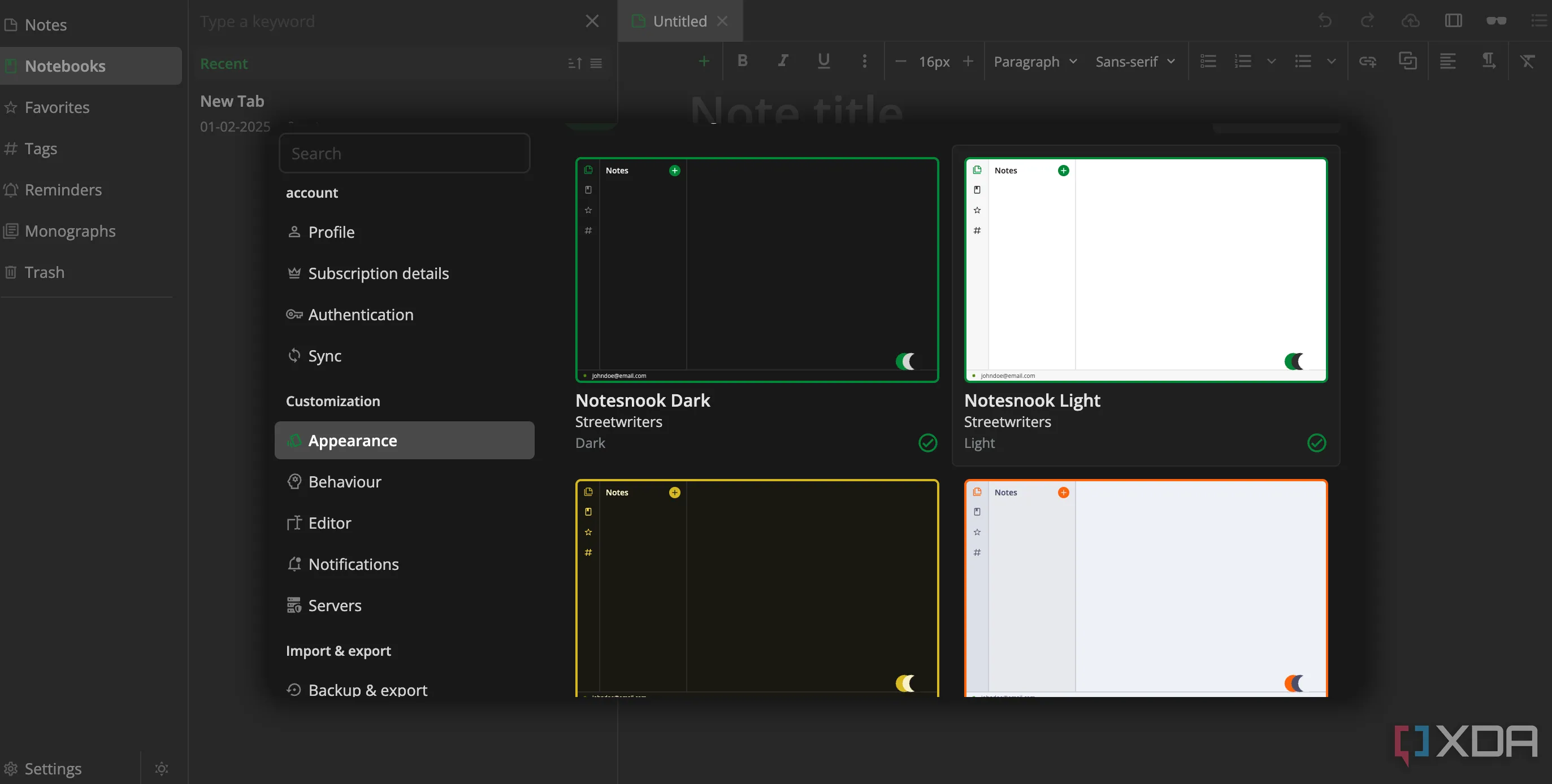 Các chủ đề giao diện (themes) khác nhau trong ứng dụng Notesnook