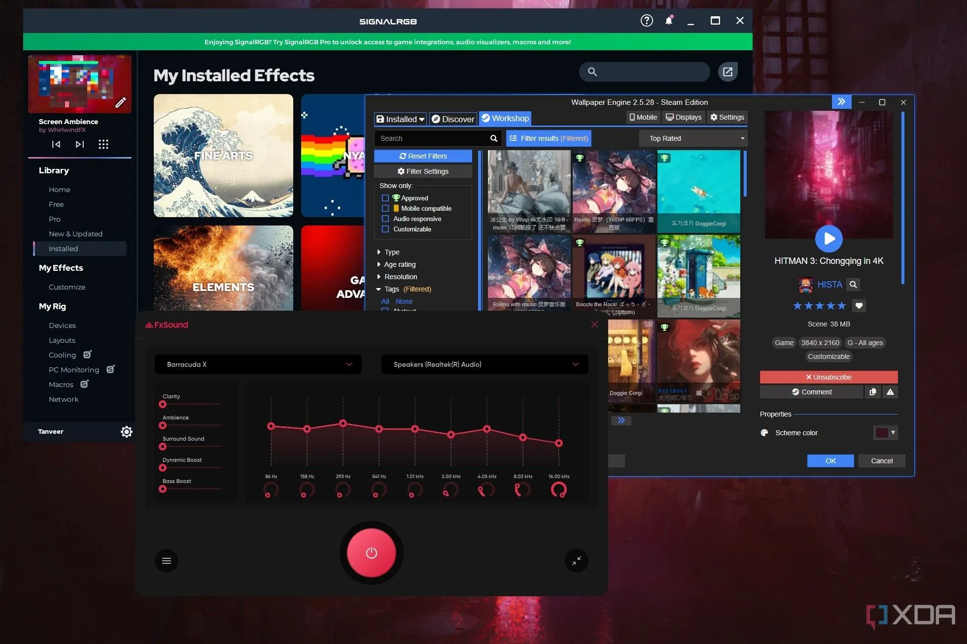 Các cửa sổ SignalRGB, Wallpaper Engine và FxSound trên màn hình desktop Windows