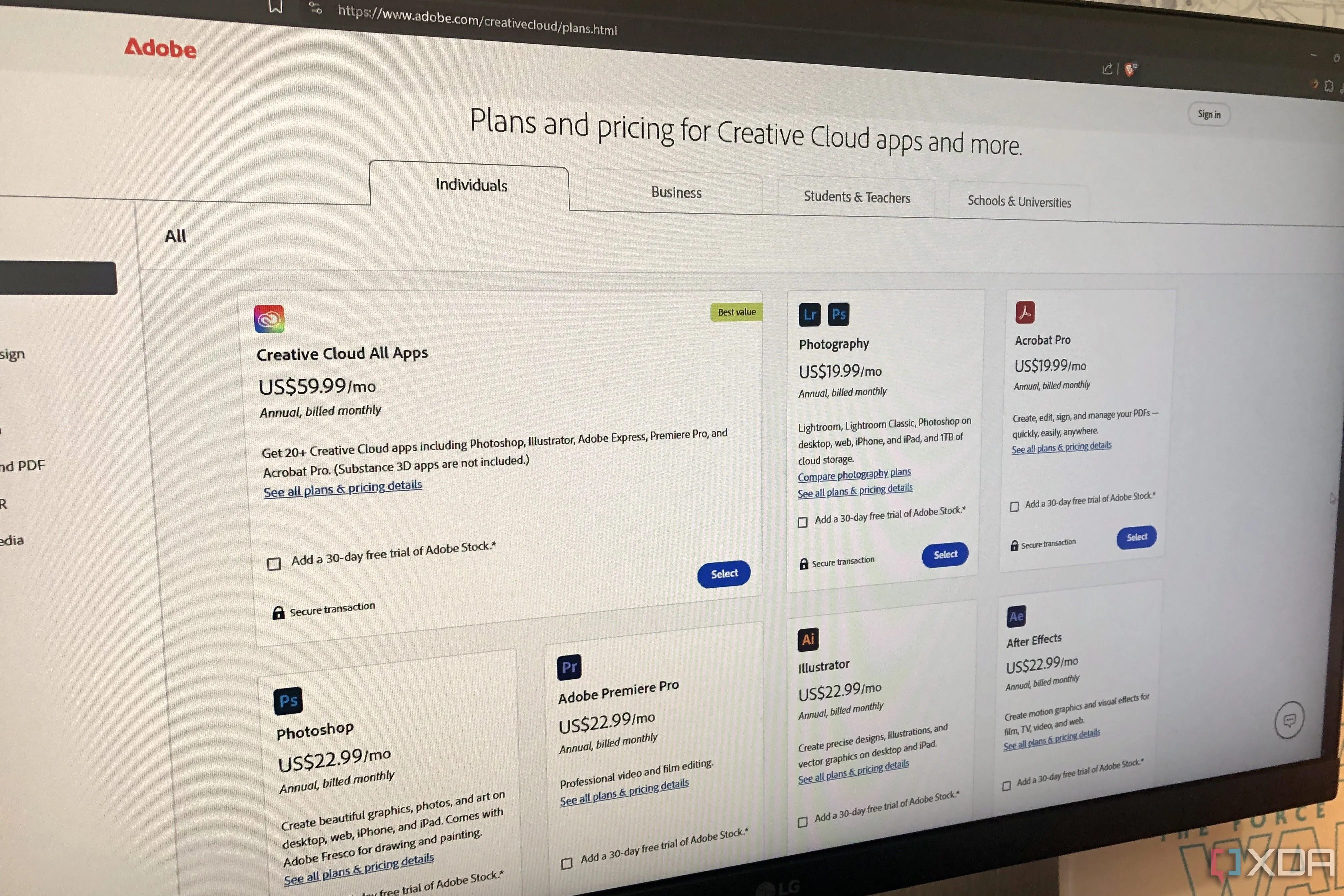 Các gói và mức giá đăng ký Adobe Creative Cloud