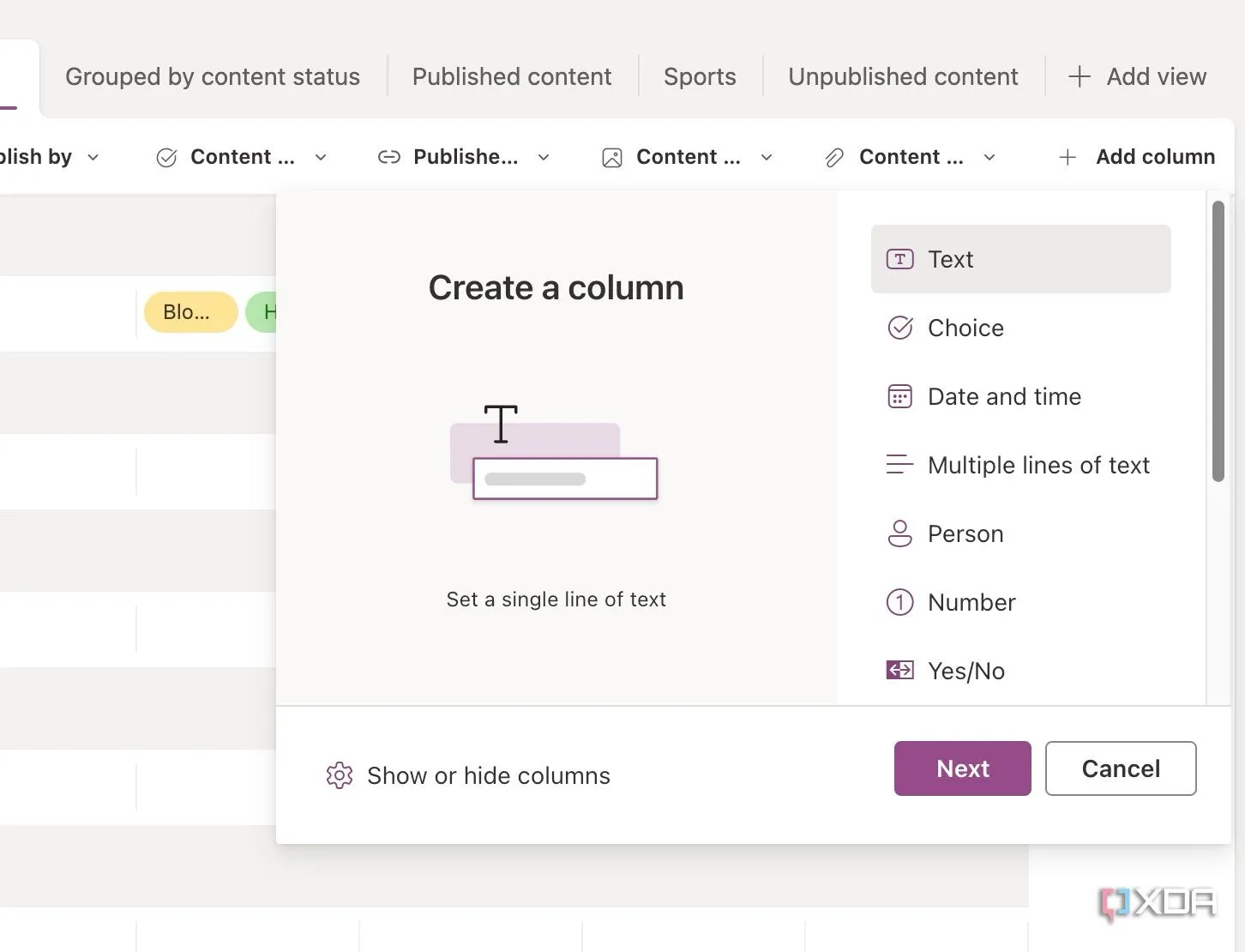 Các loại cột khác nhau có sẵn trong Microsoft Lists như Text, Choice, Date and time