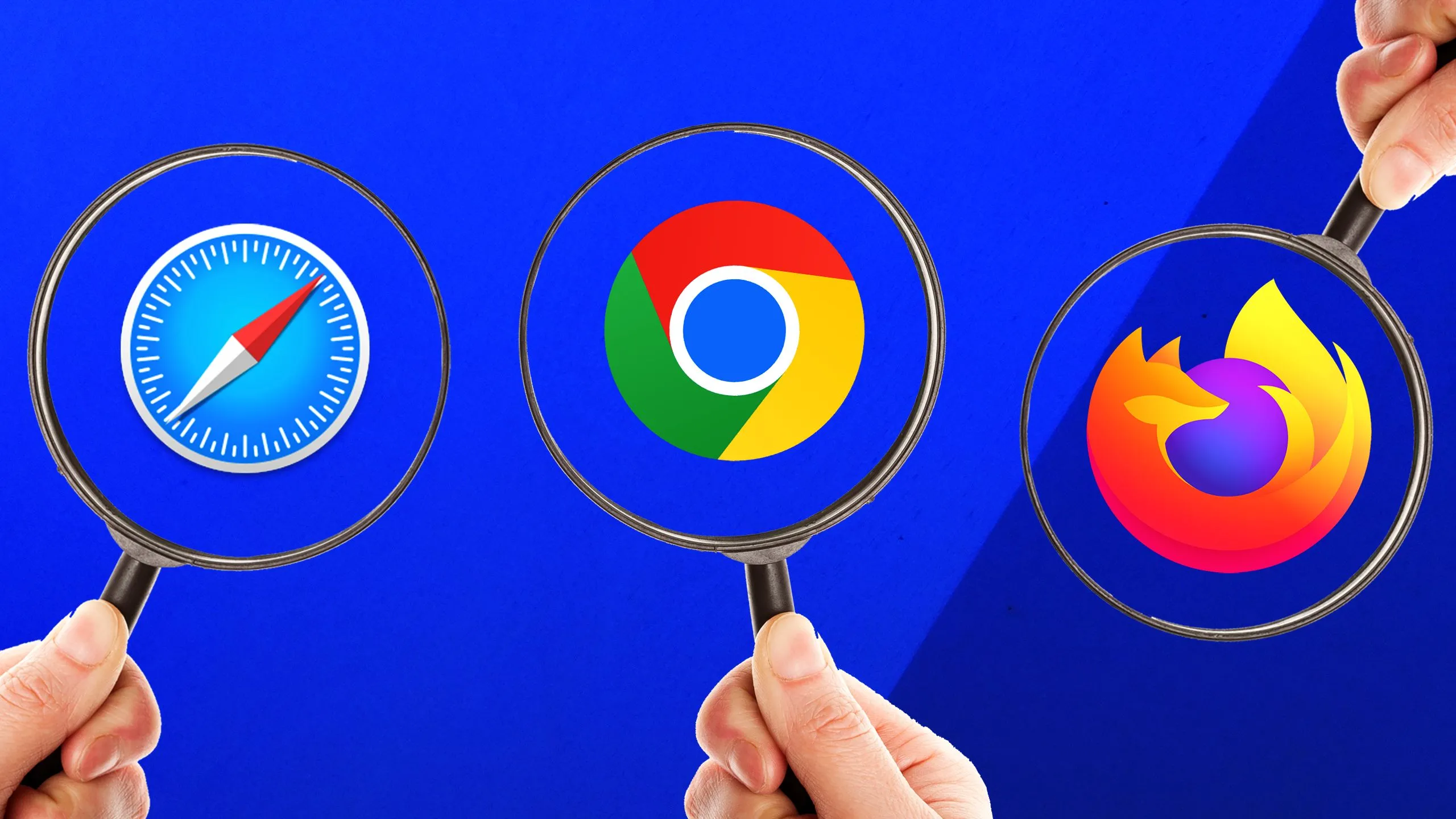 Các logo trình duyệt web phổ biến được đặt sau kính lúp, tượng trưng cho sự giám sát và quyền riêng tư khi duyệt web.