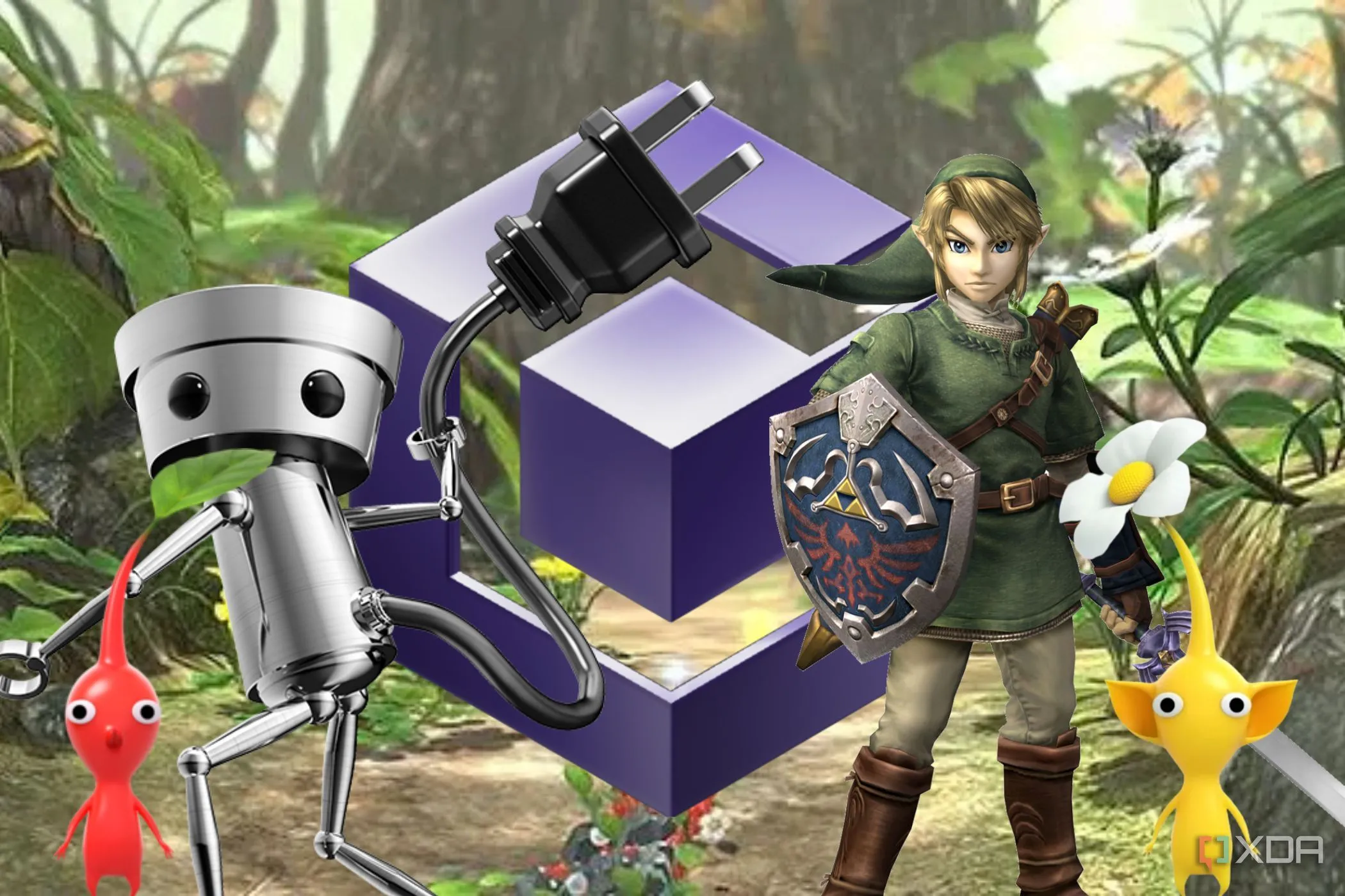 Các nhân vật biểu tượng của Nintendo và logo GameCube, gợi nhớ về những tựa game kinh điển trên hệ máy này